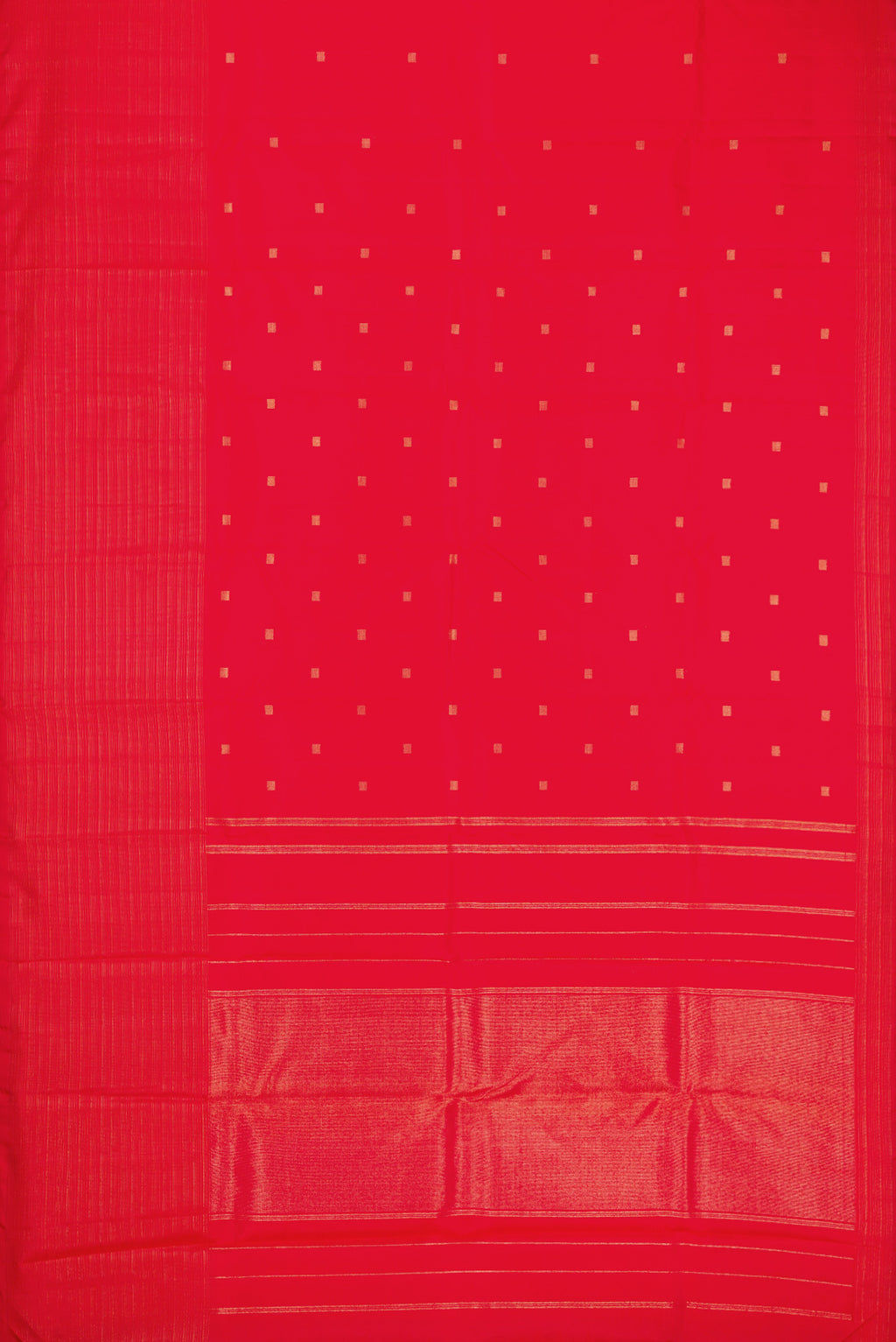 Flat view of Pure Silk Pure Zari Red Dual Tone Kanchipuram Saree with Zari Butta on the body and Without Border. 