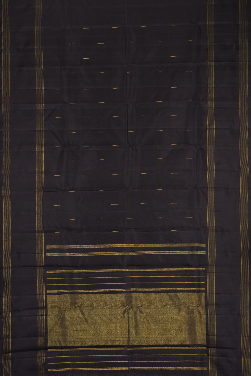 Flat view of Pure Silk Pure Zari Black Dual Tone Kanjivaram Saree with Zari Butta on the body and Zari Border. 