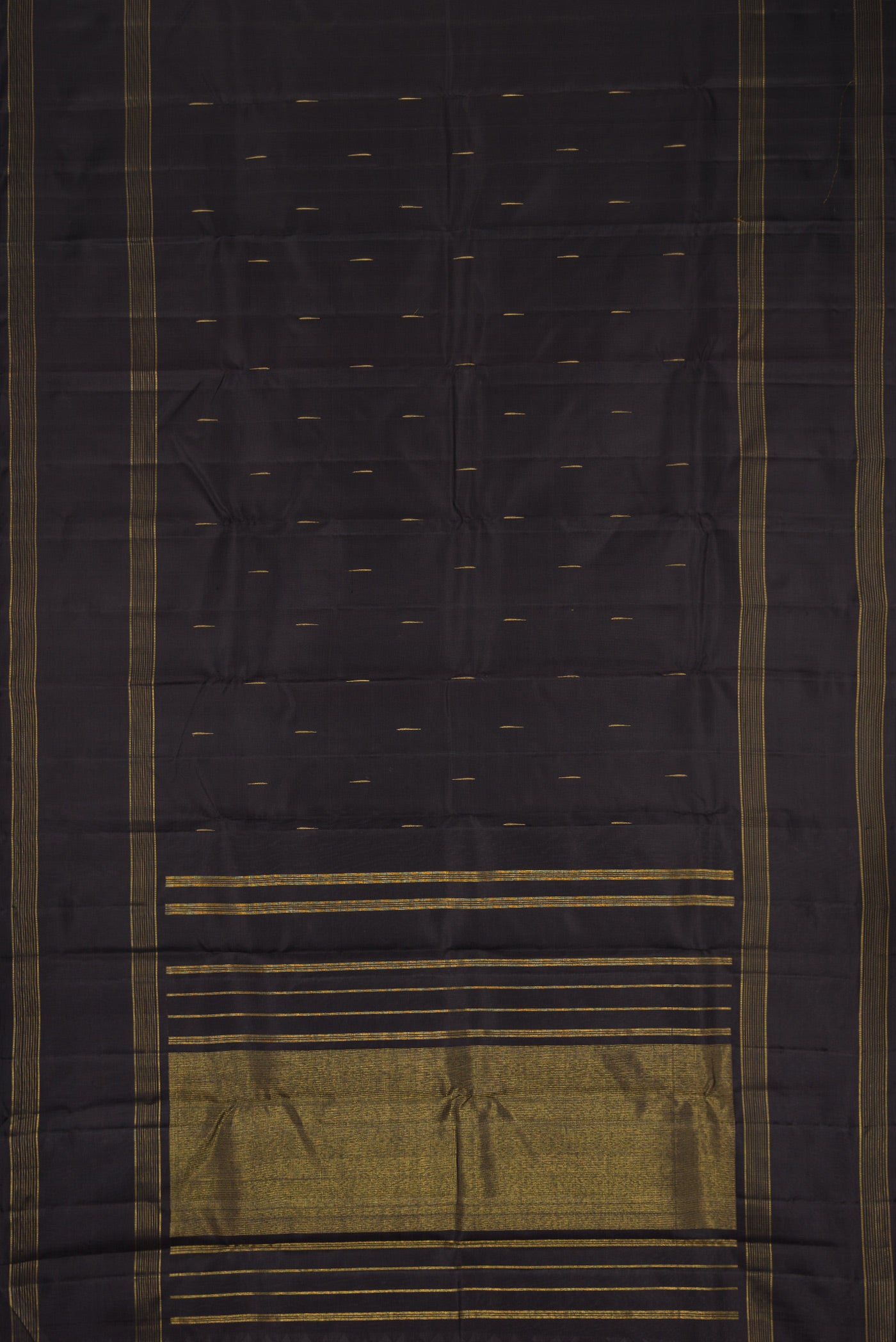 Flat view of Pure Silk Pure Zari Black Dual Tone Kanjivaram Saree with Zari Butta on the body and Zari Border. 
