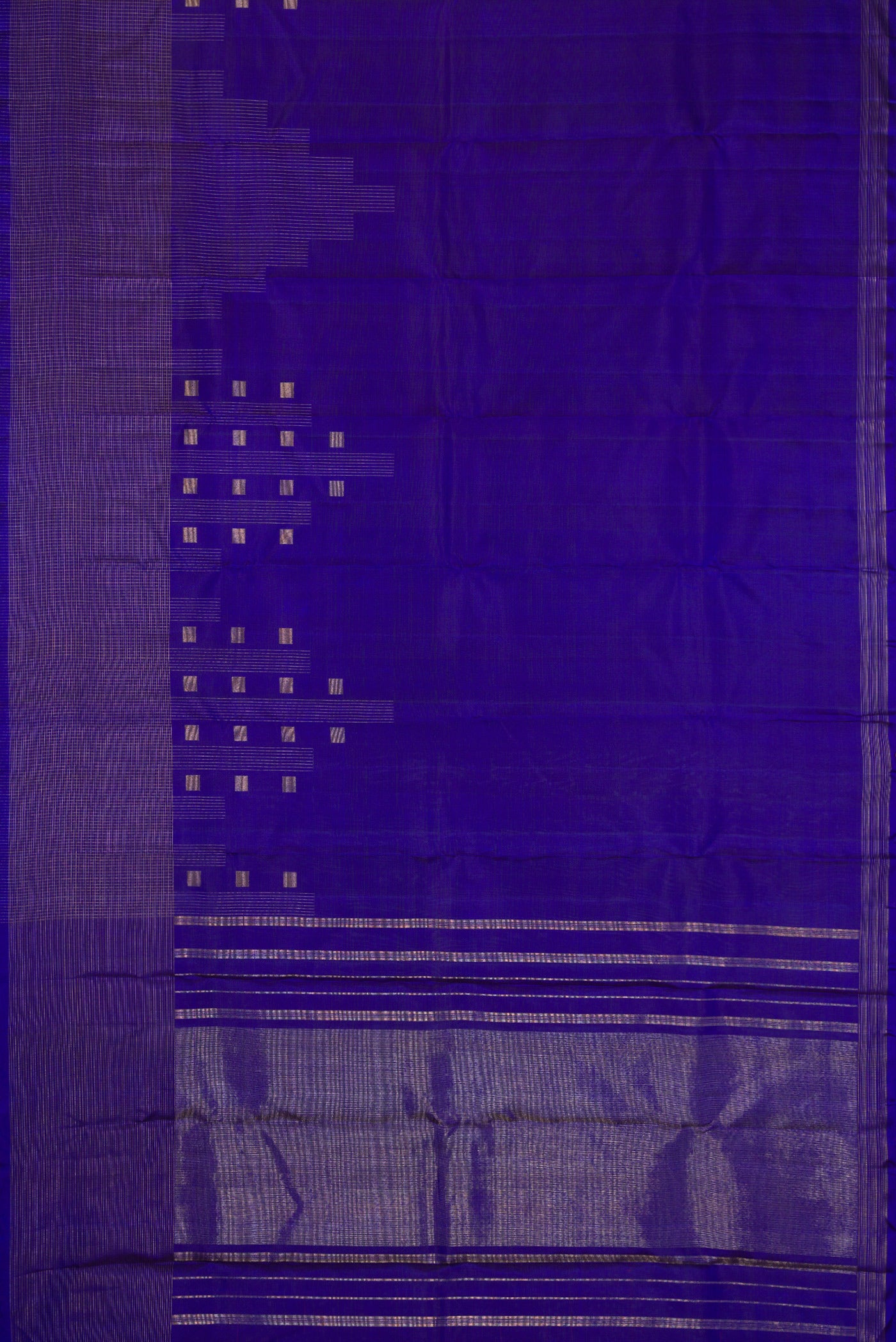 Flat view of Pure Silk Pure Zari Royal Blue Dual Tone Kanchipuram Saree with Zari Butta on the body and Fancy Border. 