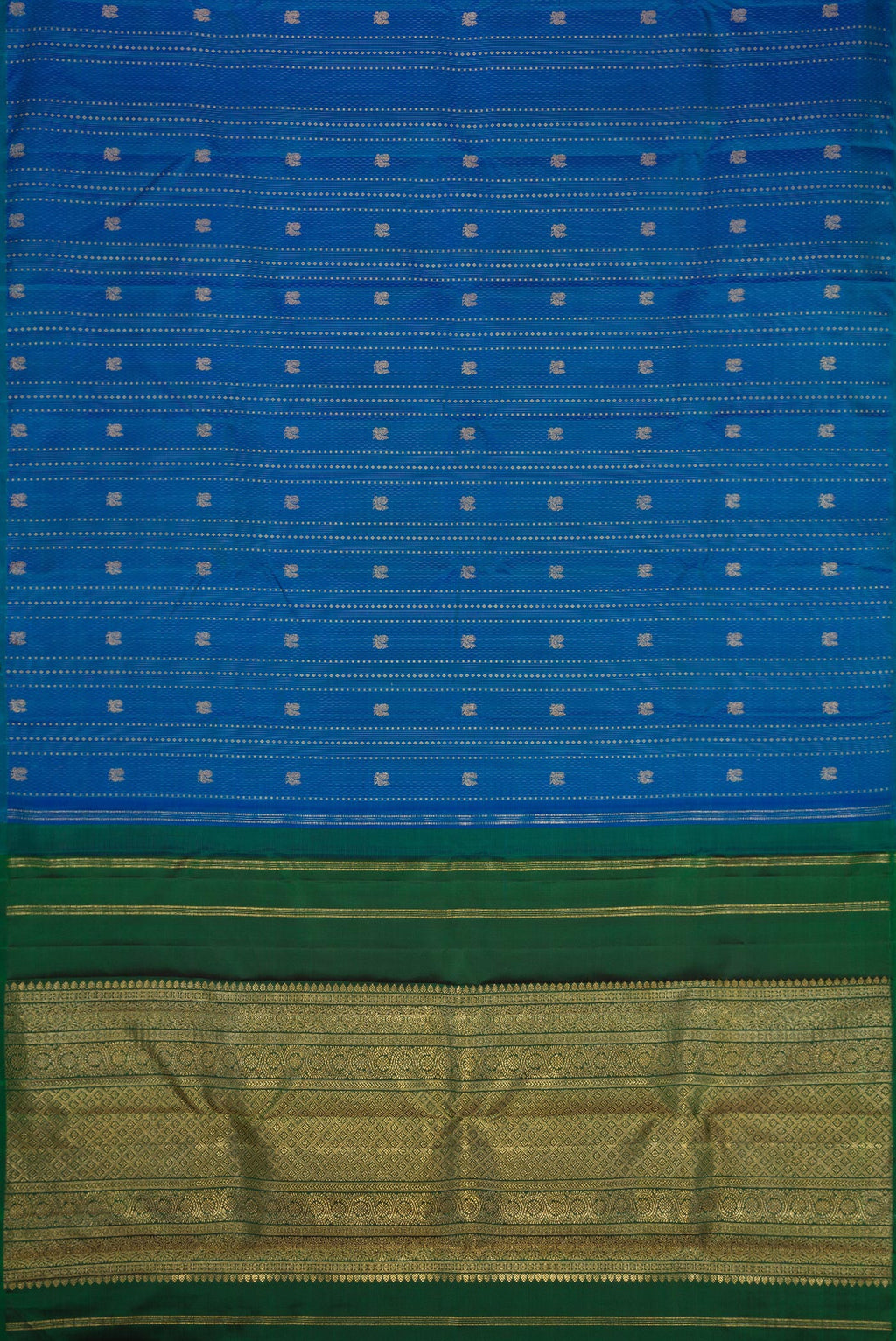 Flat view of Peacock Blue Dual Tone Kanchipuram Silk Saree with Stripes on the body and Without Border. 