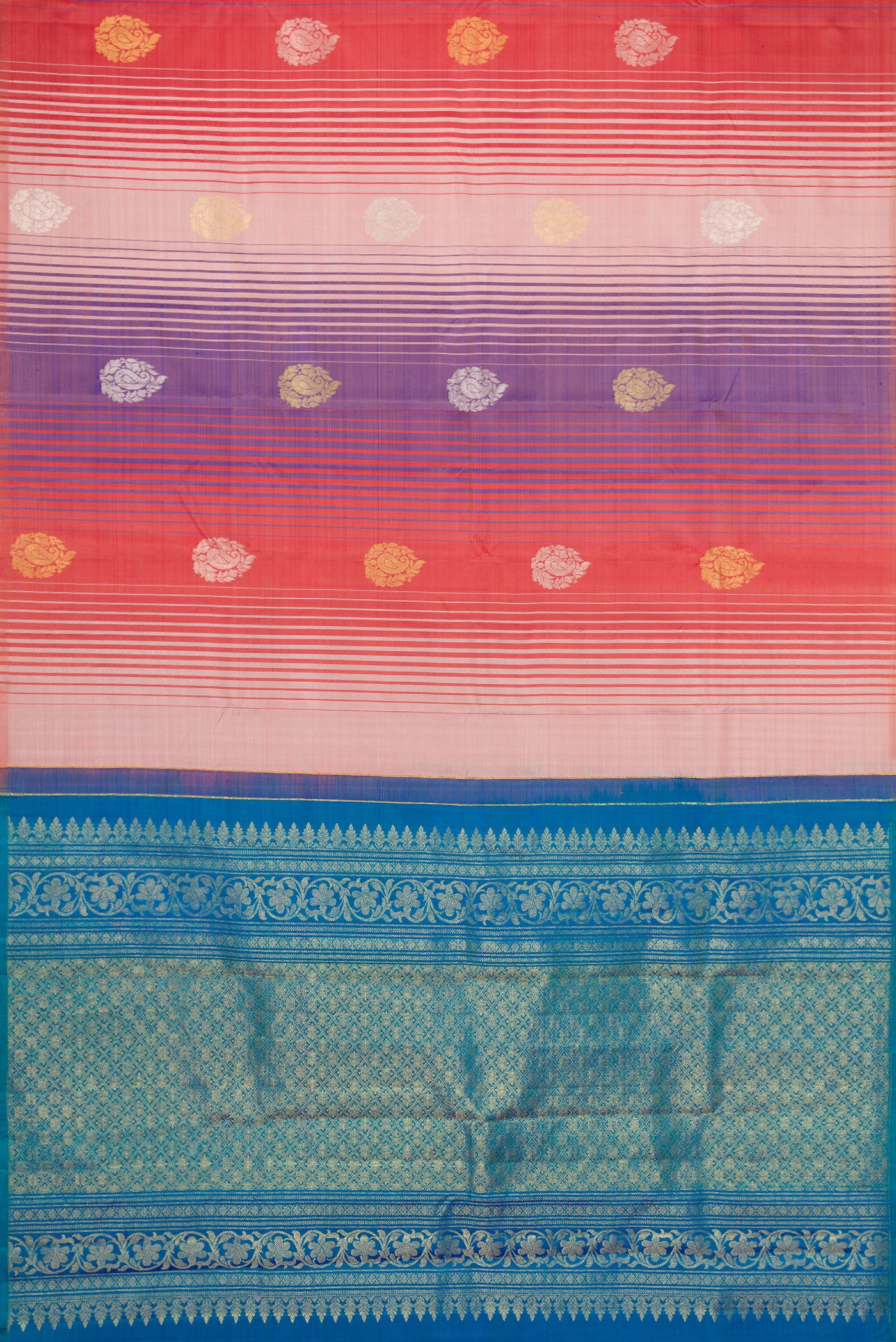 Flat view of Maroon, Beige and Navy Blue Color Kanchipuram Silk Saree with Stripes on the body and Without Border. 