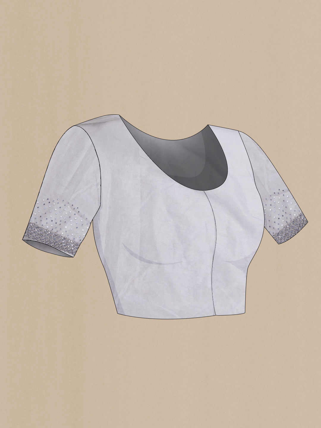 Close up image of the blouse of Grey Dual Tone Organza Silk Saree with Embroidery on the body and Embroidery Border. 