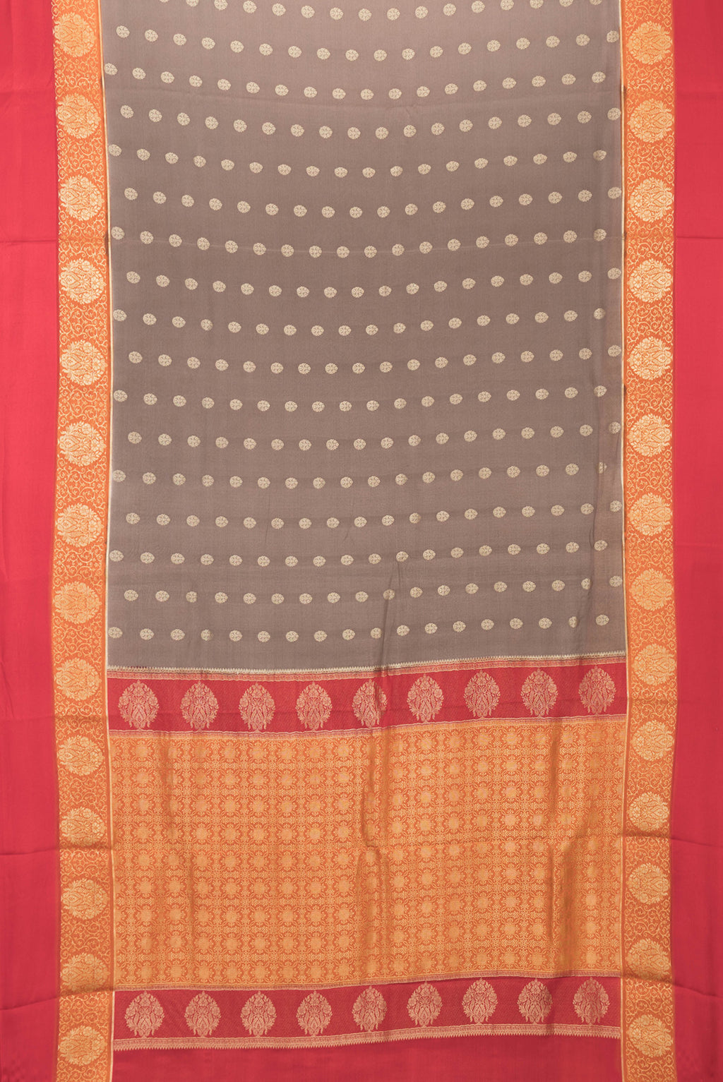 Flat view of Brown Dual Tone Mysore Silk Saree with Zari Butta on the body and Fancy Border. 