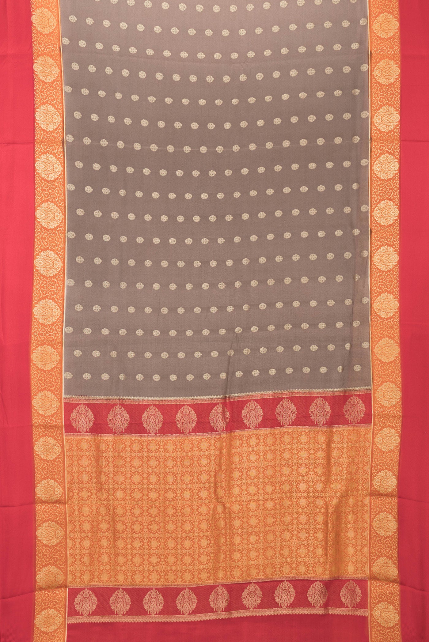 Flat view of Brown Dual Tone Mysore Silk Saree with Zari Butta on the body and Fancy Border. 