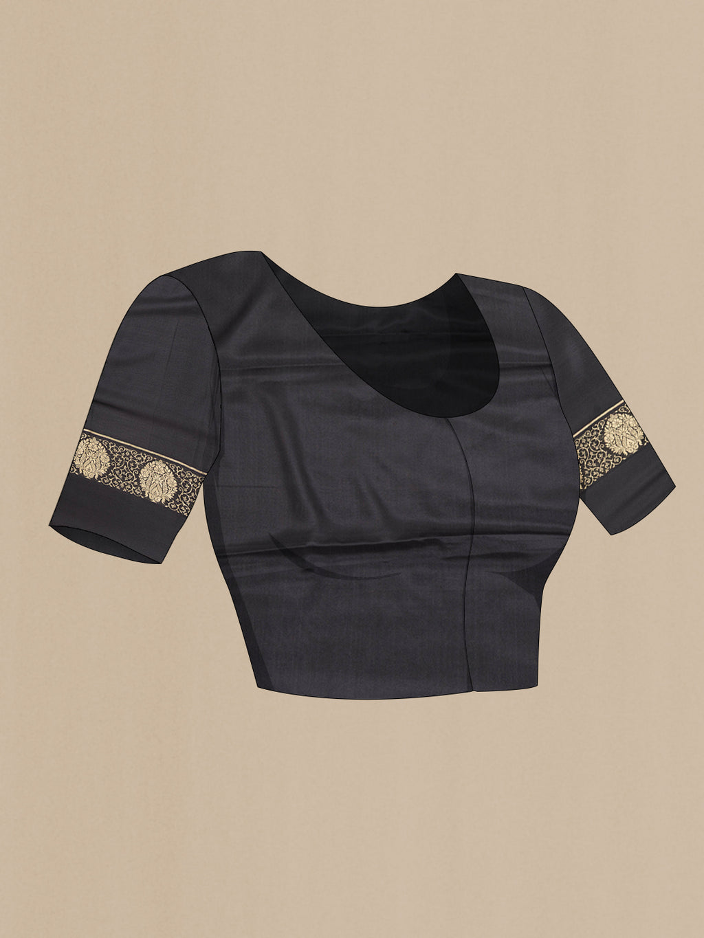 Close up image of the blouse of Black Mysore Crepe Saree with Zari Butta on the body and Fancy Border. 