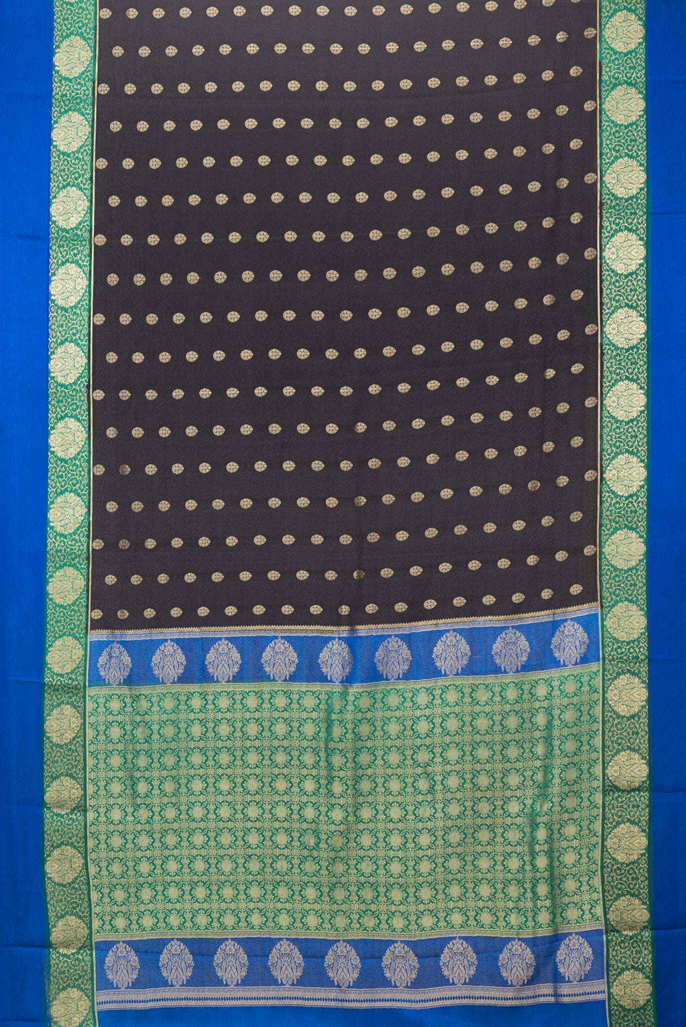 Flat view of Black Mysore Crepe Saree with Zari Butta on the body and Fancy Border. 