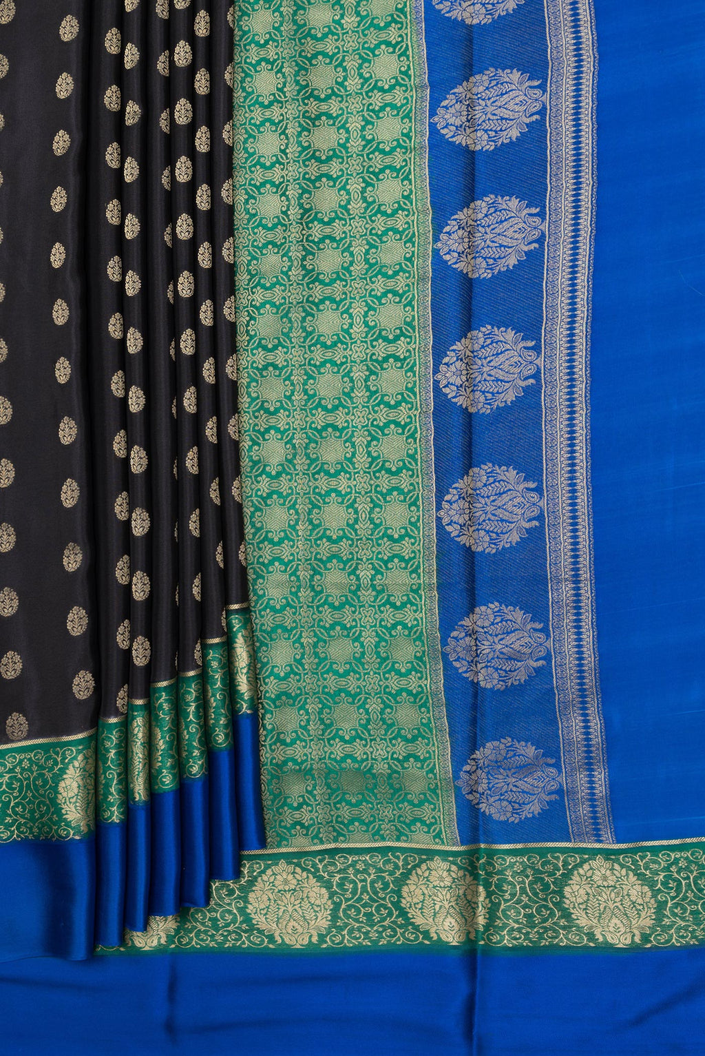Pleats and pallu of Black Mysore Crepe Saree with Zari Butta on the body and Fancy Border. 
