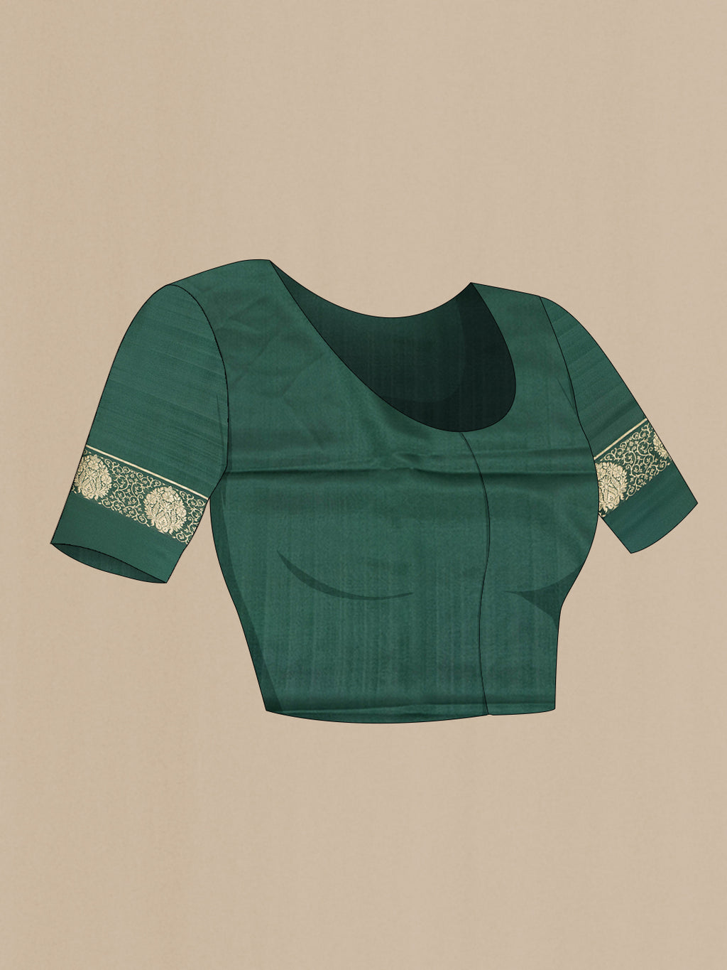 Close up image of the blouse of Bottle Green Mysore Silk Saree with Zari Butta on the body and Zari Border. 