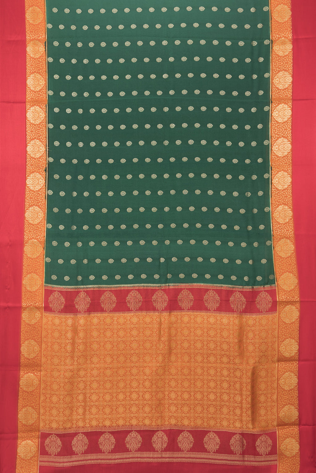 Flat view of Bottle Green Mysore Silk Saree with Zari Butta on the body and Zari Border. 