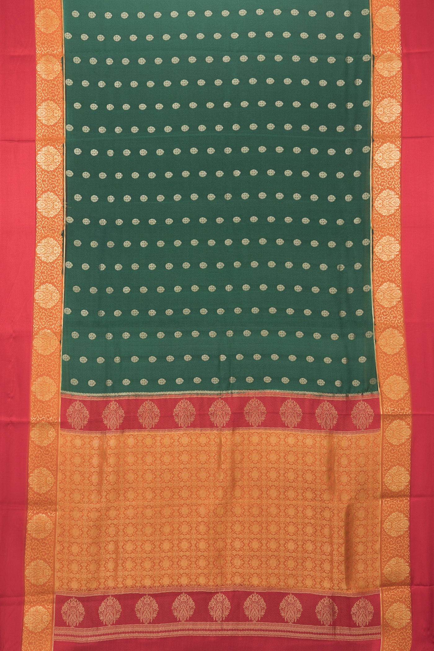 Flat view of Bottle Green Mysore Silk Saree with Zari Butta on the body and Zari Border. 