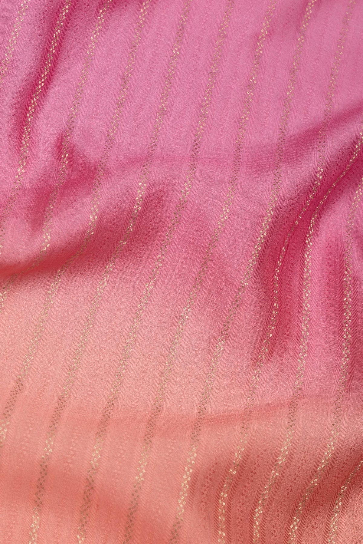 Close up of Multi Color Mysore Silk Saree with Stripes on the body and Zari Border.  displaying folds