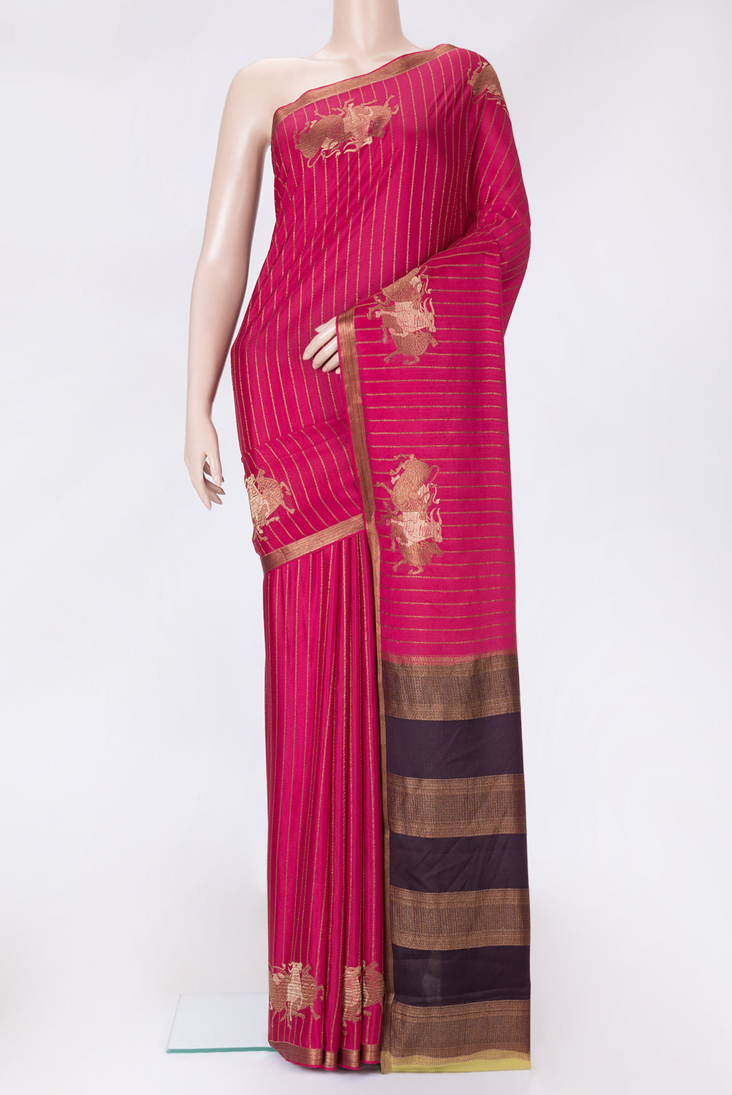 Pink Dual Tone Mysore Silk Saree with Stripes on the body and Fancy Border.  displayed on a mannequin