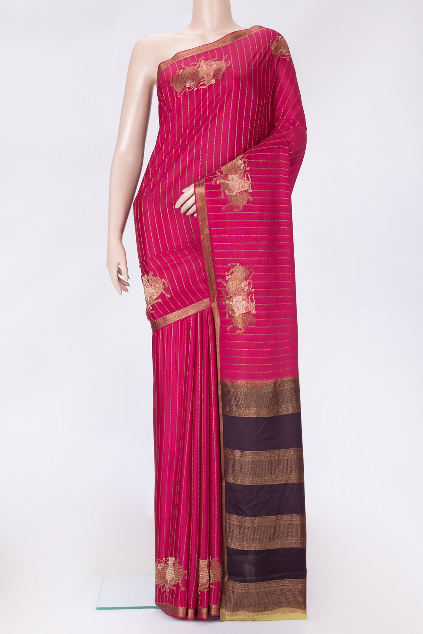 Pink Dual Tone Mysore Silk Saree with Stripes on the body and Fancy Border.  displayed on a mannequin