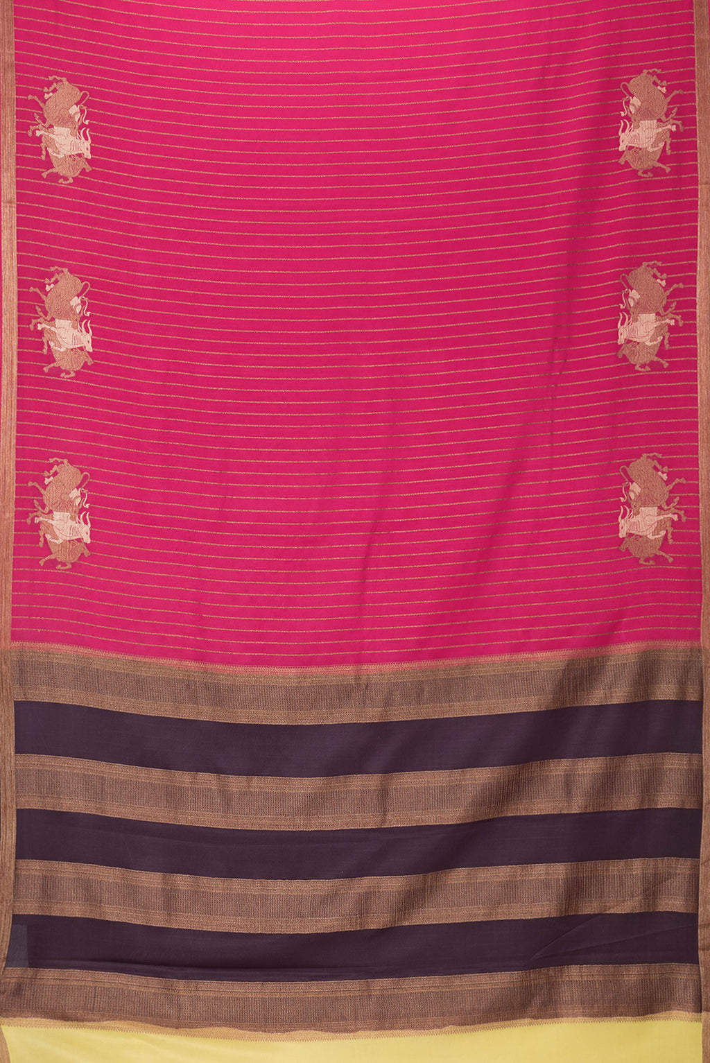 Flat view of Pink Dual Tone Mysore Silk Saree with Stripes on the body and Fancy Border. 