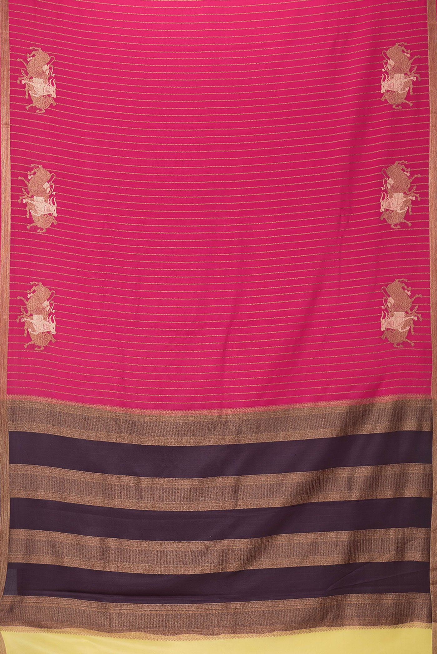 Flat view of Pink Dual Tone Mysore Silk Saree with Stripes on the body and Fancy Border. 