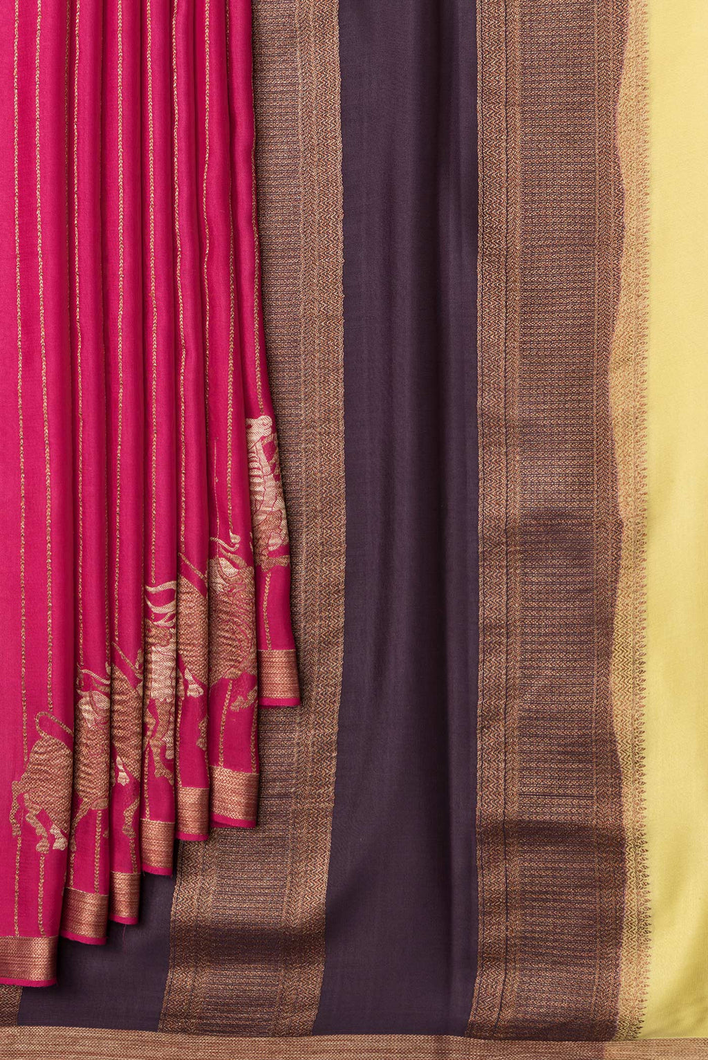 Pleats and pallu of Pink Dual Tone Mysore Silk Saree with Stripes on the body and Fancy Border. 
