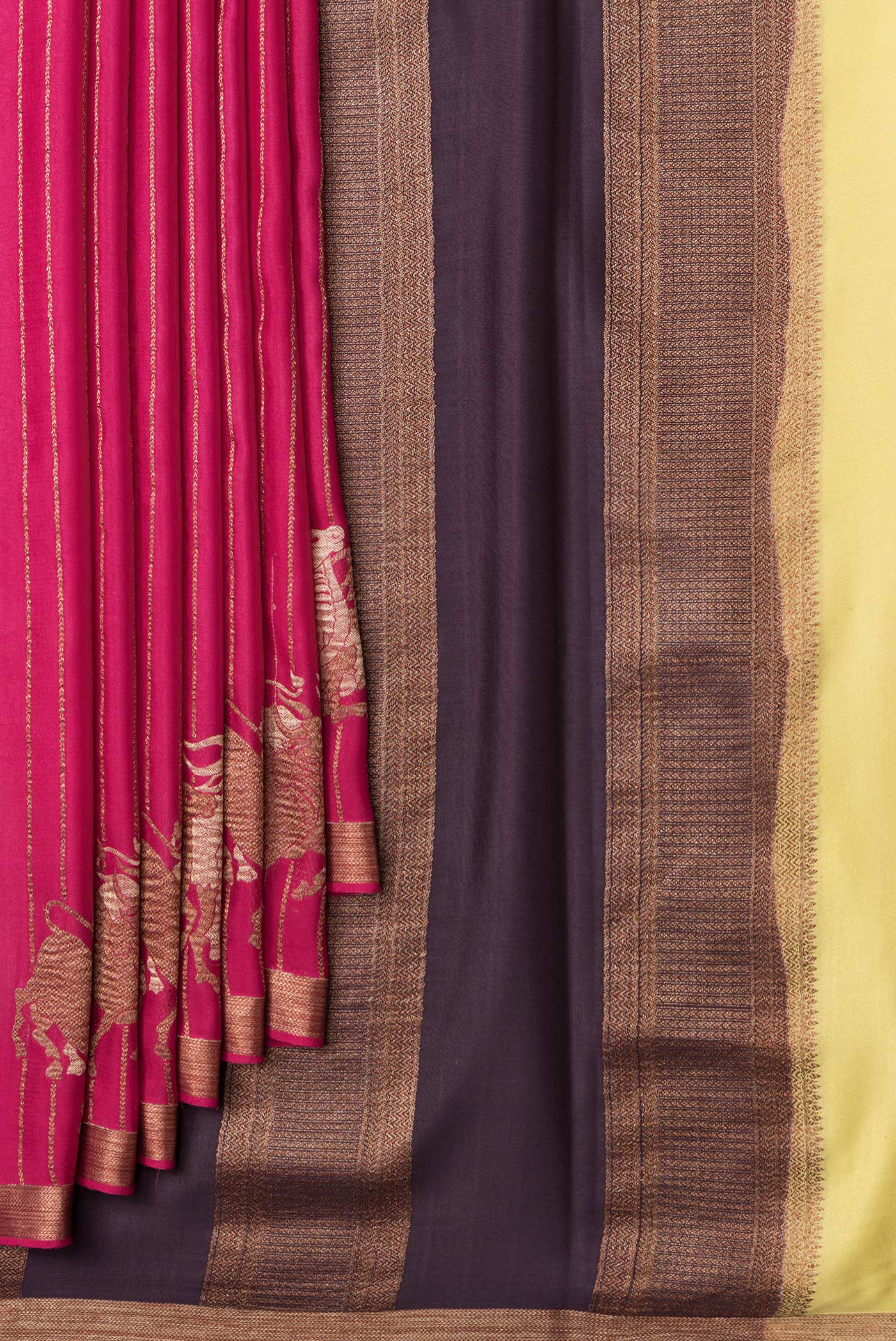 Pleats and pallu of Pink Dual Tone Mysore Silk Saree with Stripes on the body and Fancy Border. 