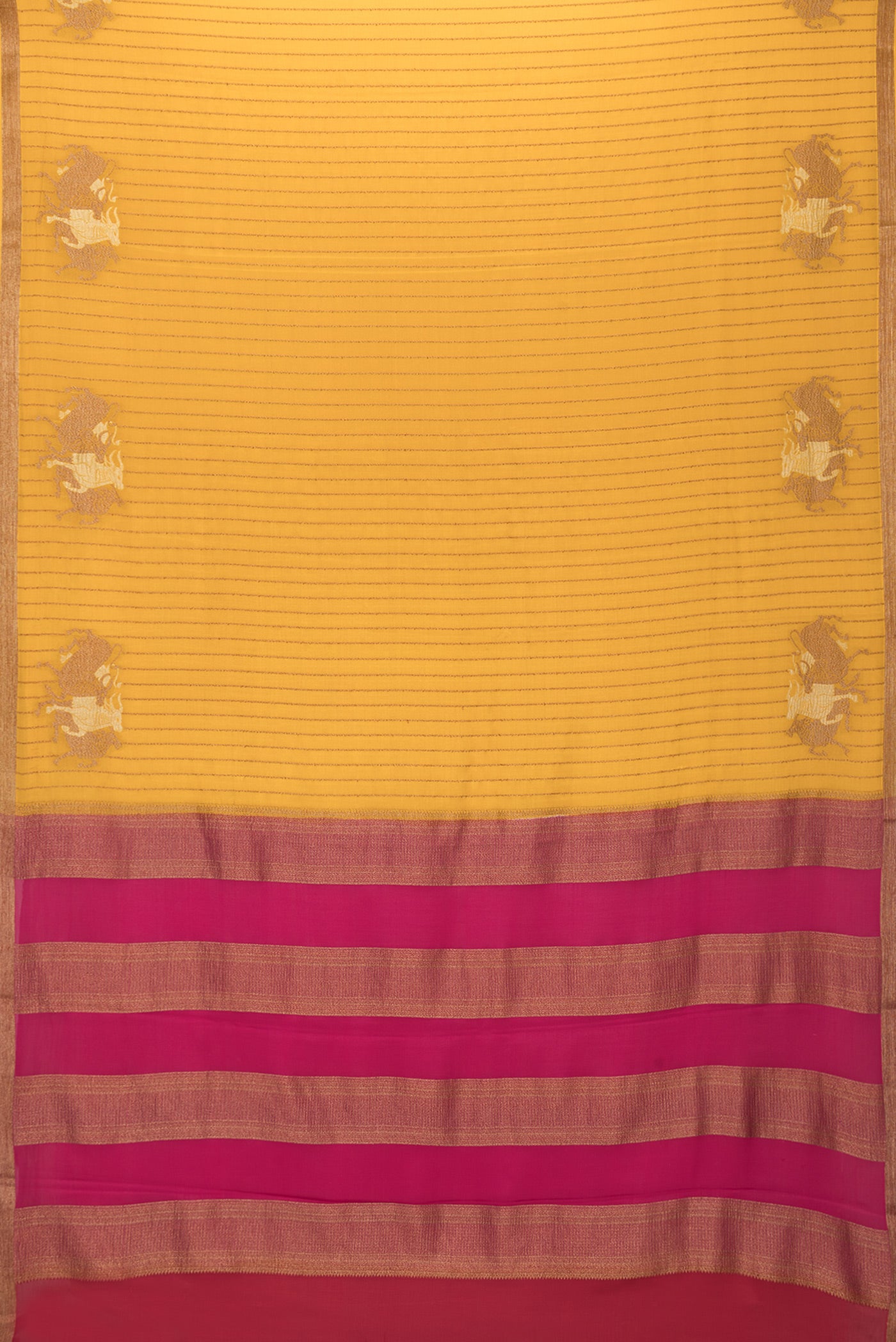 Flat view of Mustard Dual Tone Mysore Silk Saree with Stripes on the body and Fancy Border. 