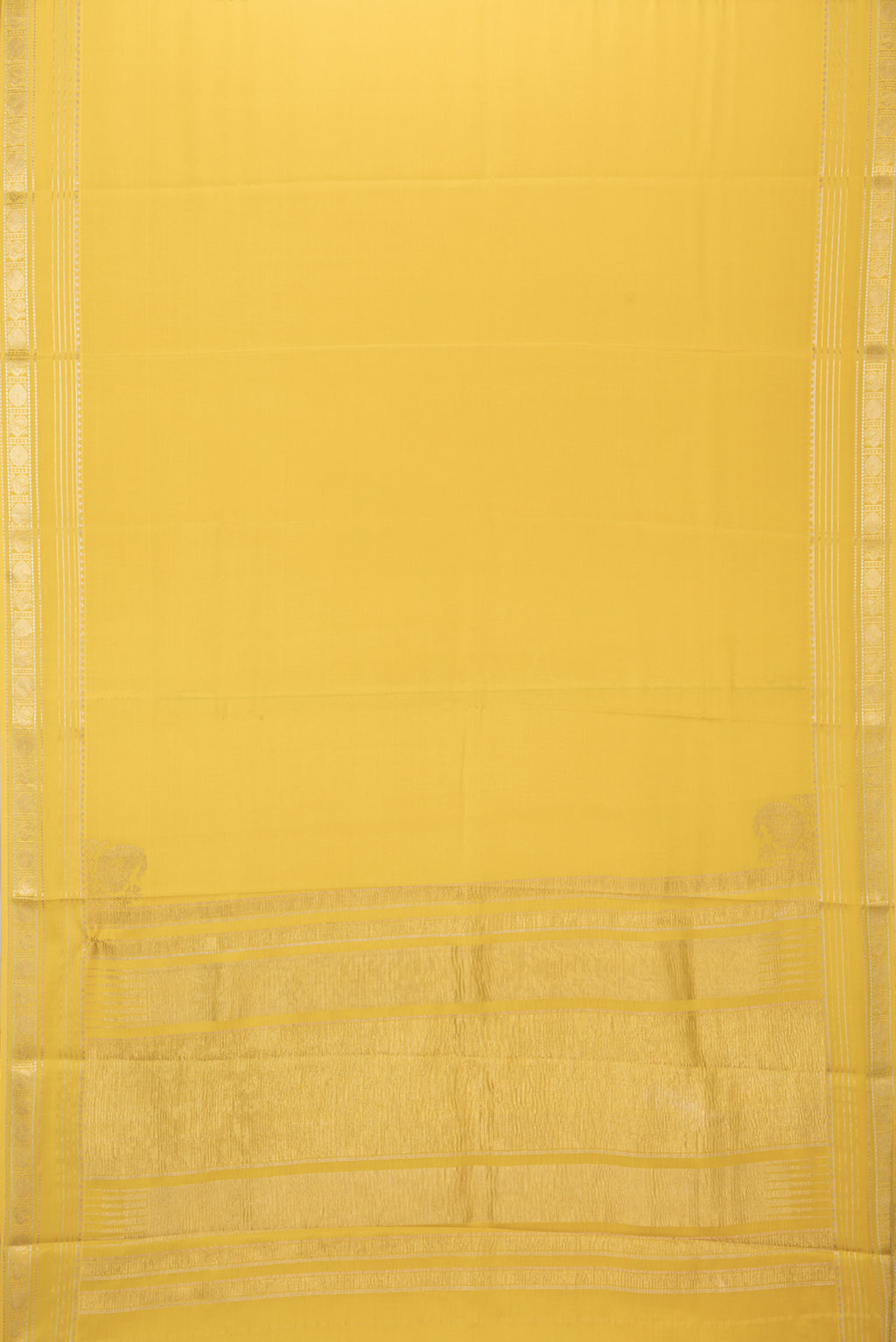 Flat view of Mustard Mysore Silk Saree with Plain Body and Zari Border. 