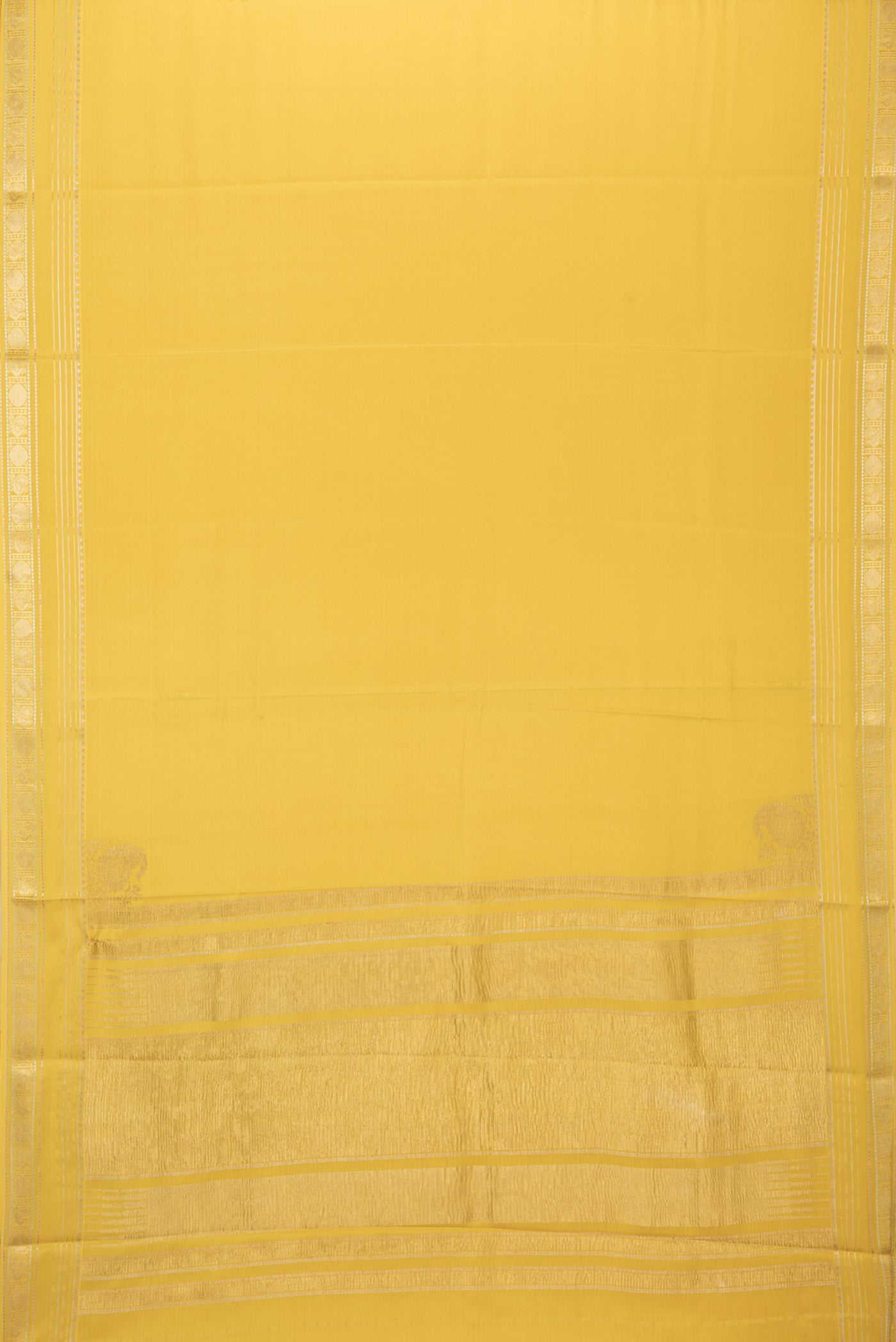 Flat view of Mustard Mysore Silk Saree with Plain Body and Zari Border. 