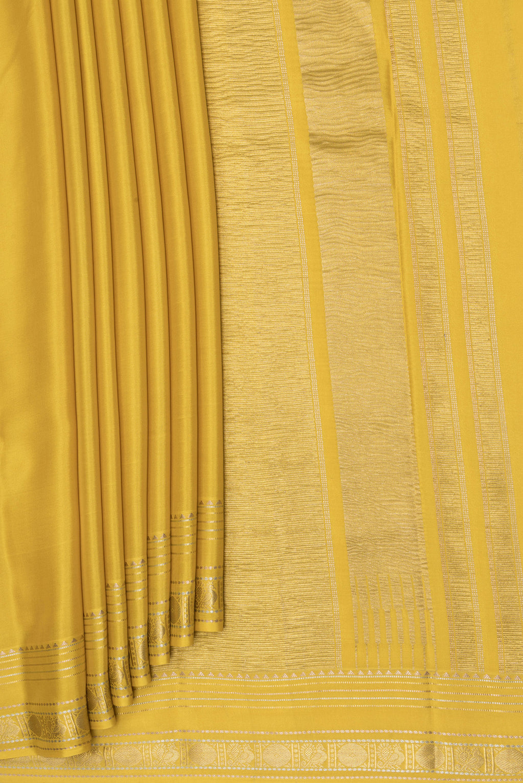 Pleats and pallu of Mustard Mysore Silk Saree with Plain Body and Zari Border. 
