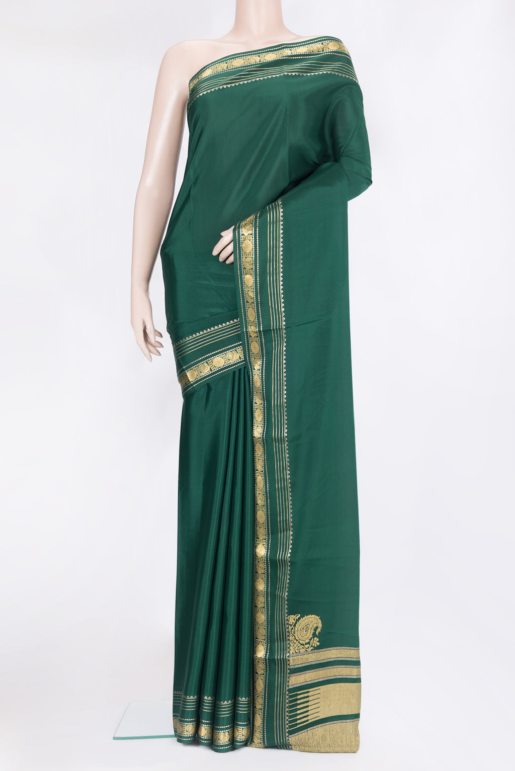 Bottle Green Mysore Silk Saree with Plain Body and Fancy Border.  displayed on a mannequin