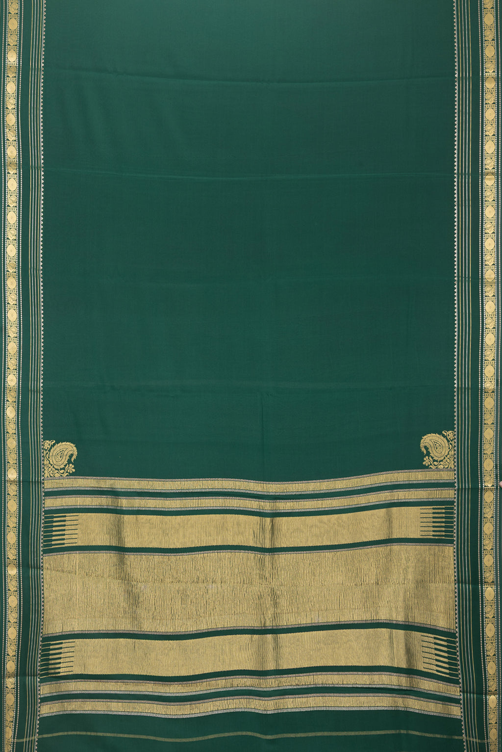 Flat view of Bottle Green Mysore Silk Saree with Plain Body and Fancy Border. 
