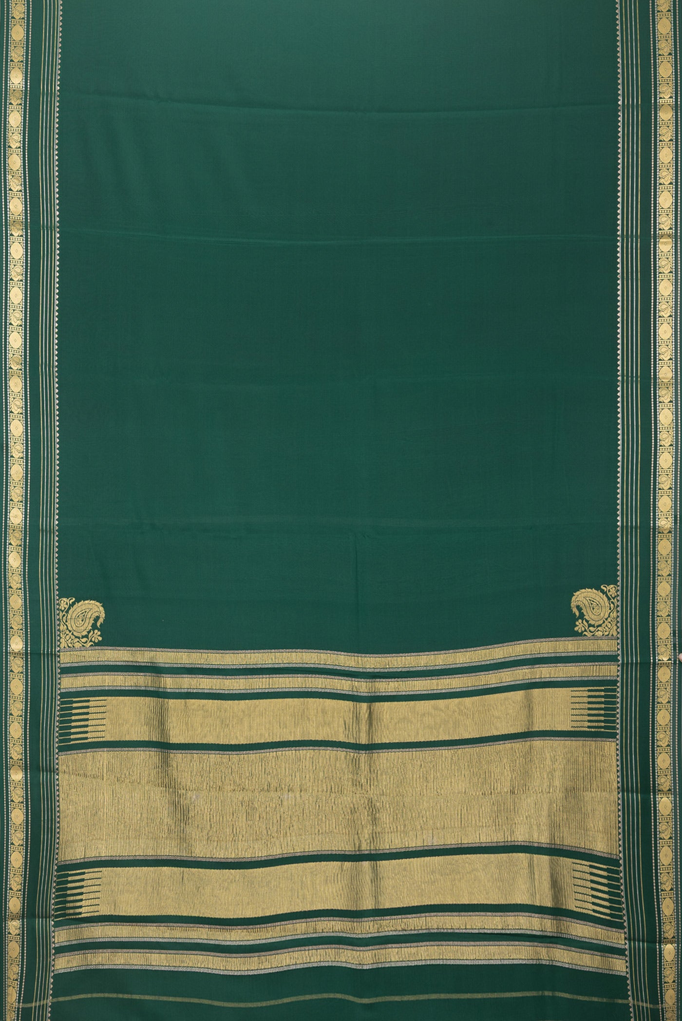 Flat view of Bottle Green Mysore Silk Saree with Plain Body and Fancy Border. 