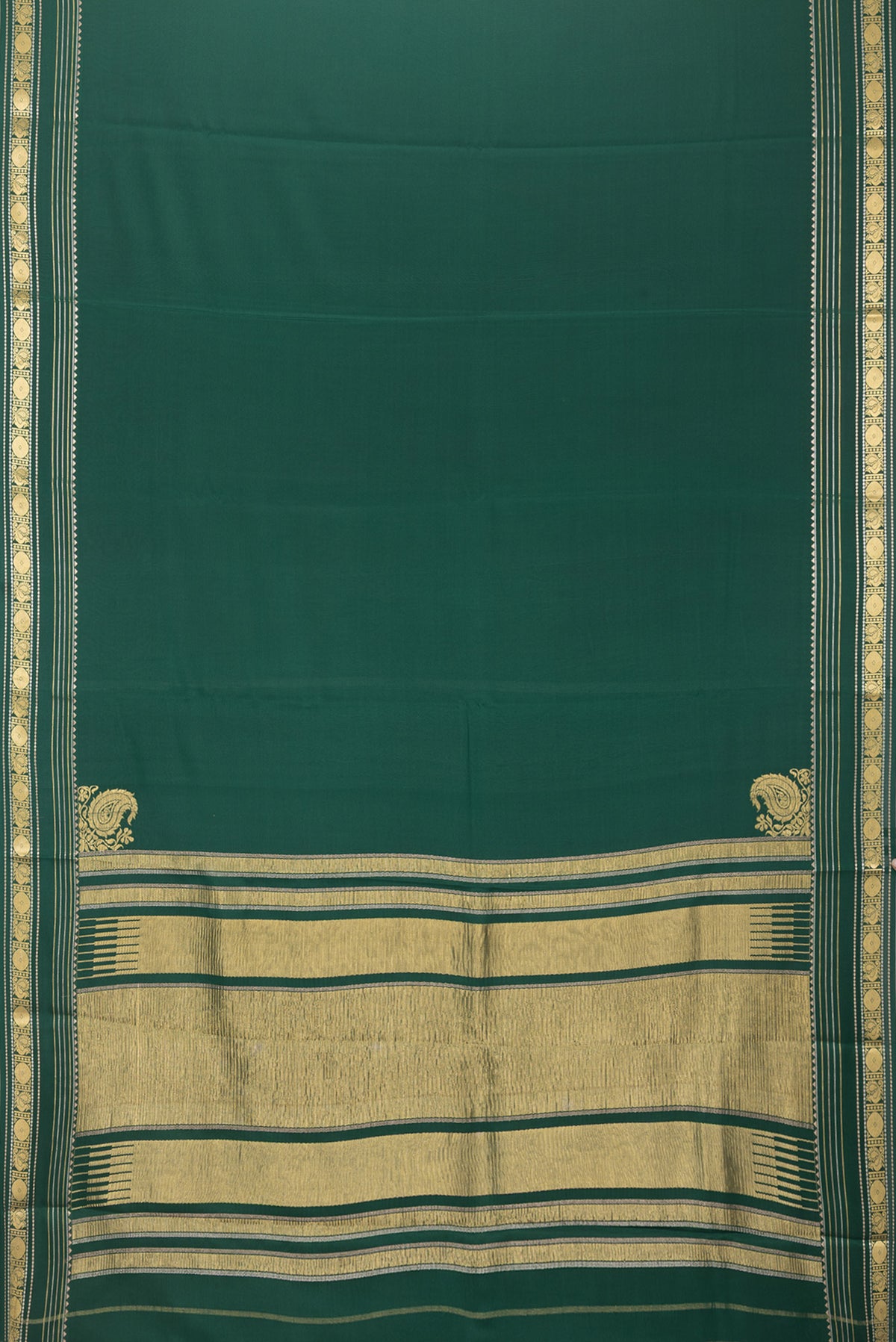 Flat view of Bottle Green Mysore Silk Saree with Plain Body and Fancy Border. 