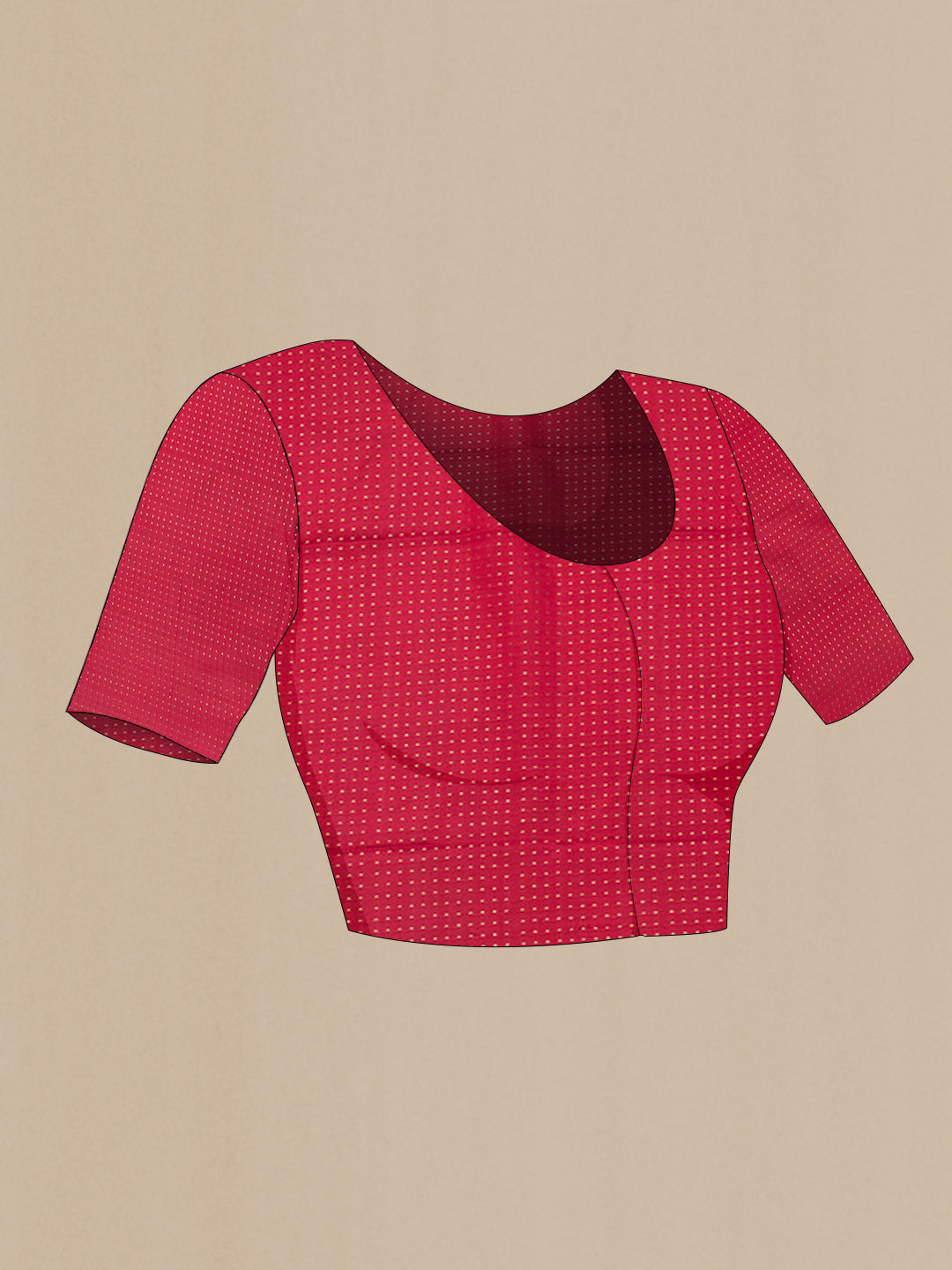 Close up image of the blouse of Deep Red Mysore Silk Saree with Plain Body and Zari Border. 
