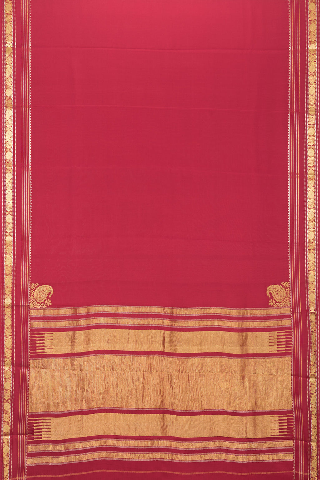 Flat view of Deep Red Mysore Silk Saree with Plain Body and Zari Border. 