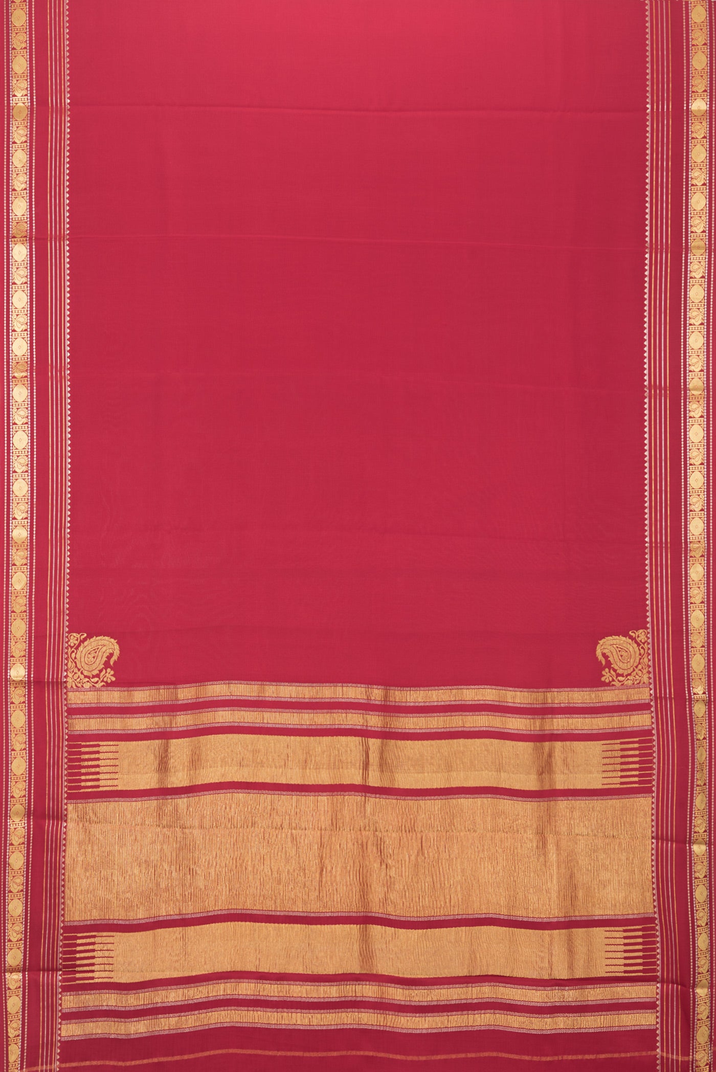 Flat view of Deep Red Mysore Silk Saree with Plain Body and Zari Border. 
