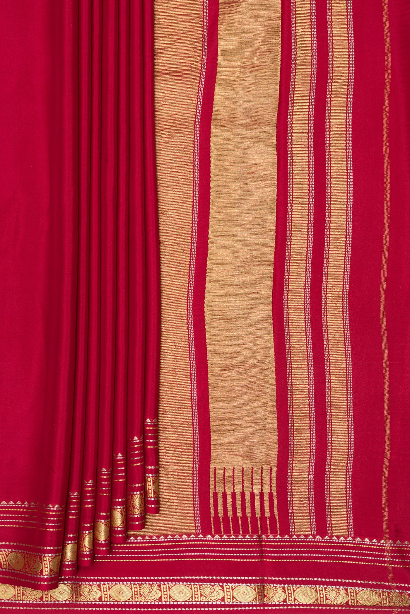 Pleats and pallu of Deep Red Mysore Silk Saree with Plain Body and Zari Border. 