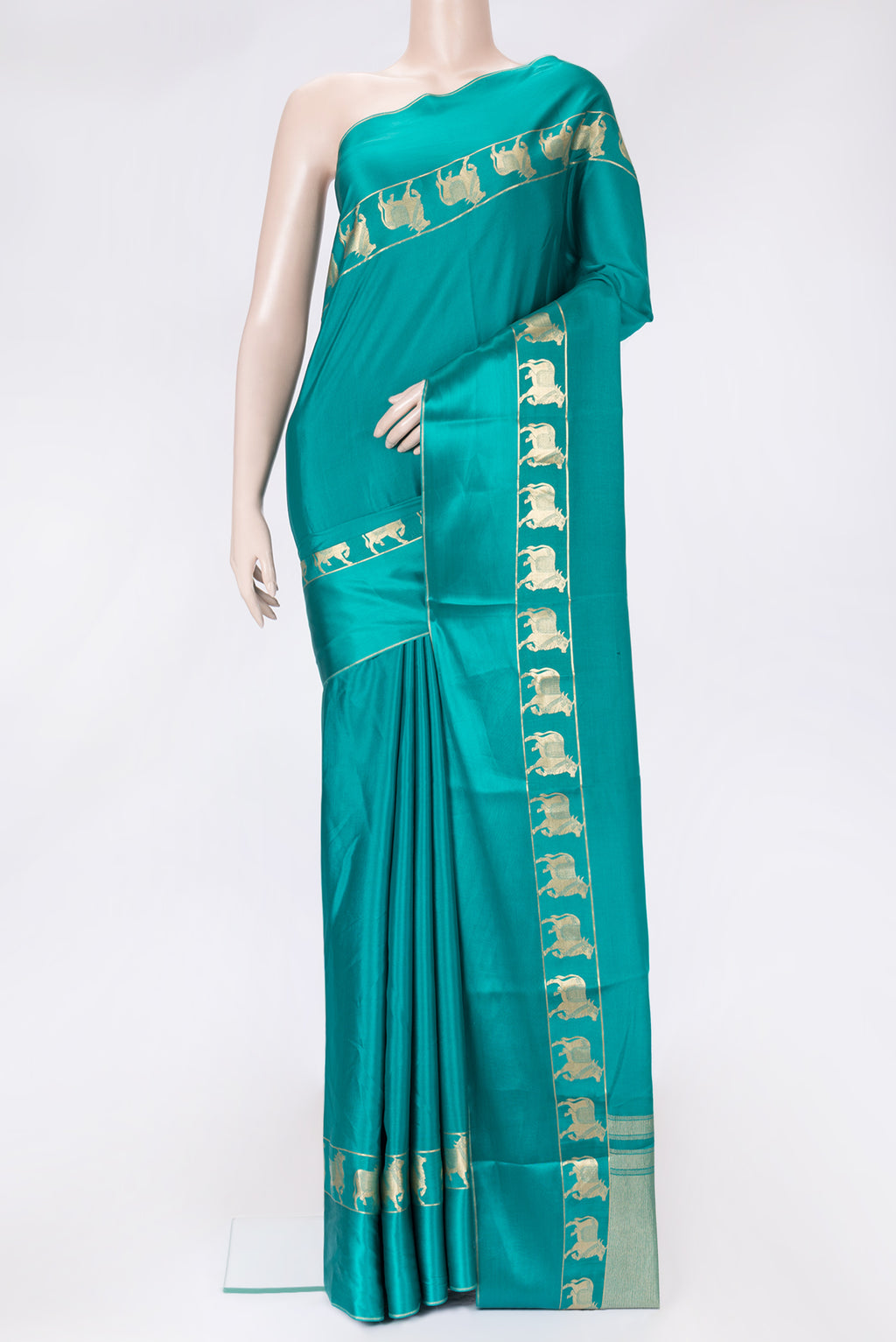 Sky Blue Dual Tone Mysore Silk Saree with Plain Body and Fancy Border.  displayed on a mannequin