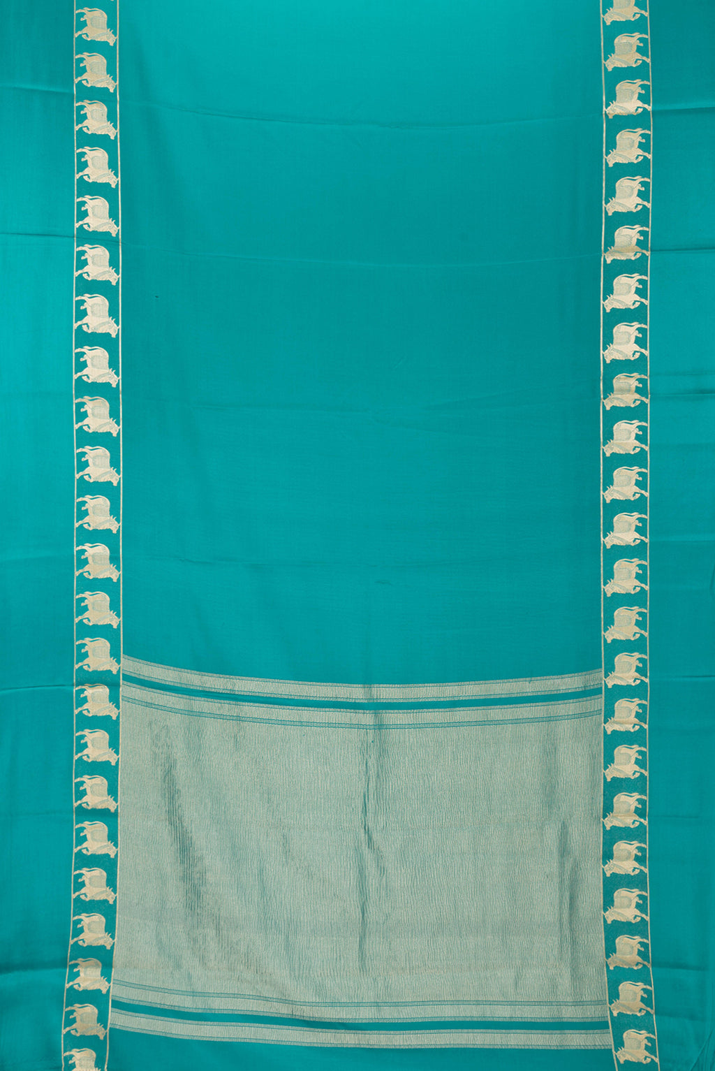 Flat view of Sky Blue Dual Tone Mysore Silk Saree with Plain Body and Fancy Border. 