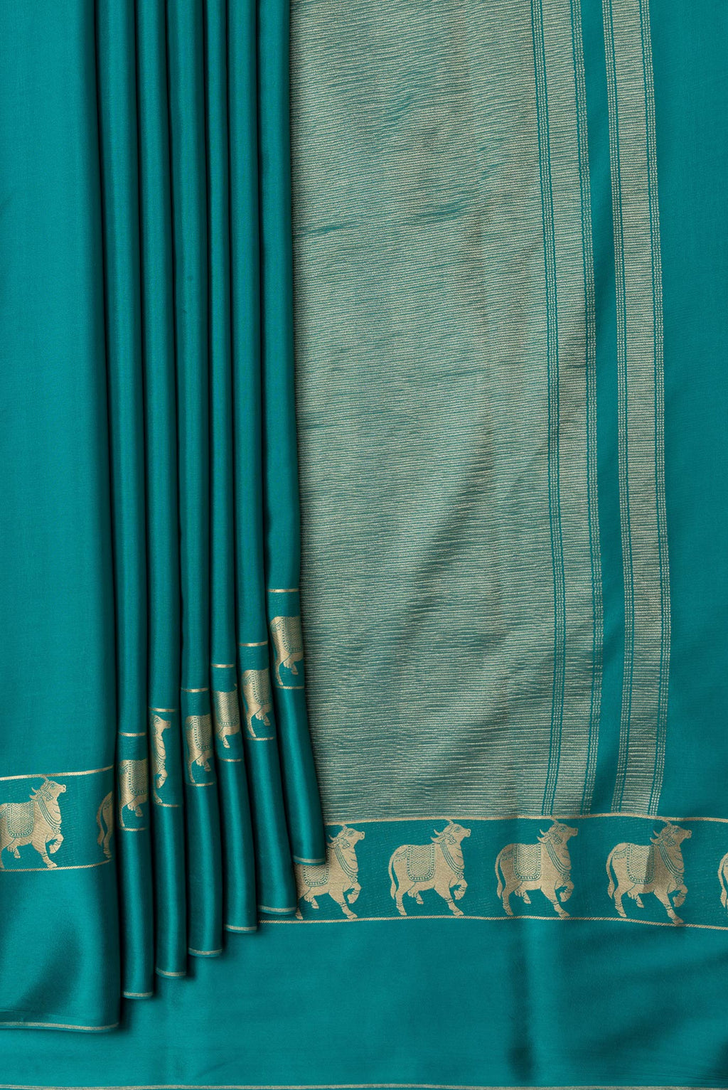 Pleats and pallu of Sky Blue Dual Tone Mysore Silk Saree with Plain Body and Fancy Border. 
