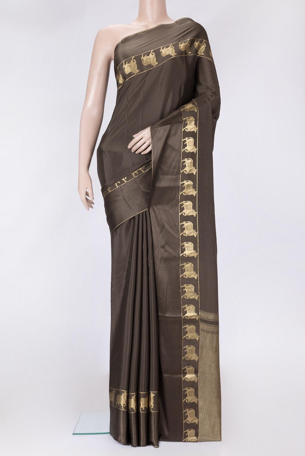 Brown Dual Tone Mysore Silk Saree with Plain Body and Fancy Border.  displayed on a mannequin