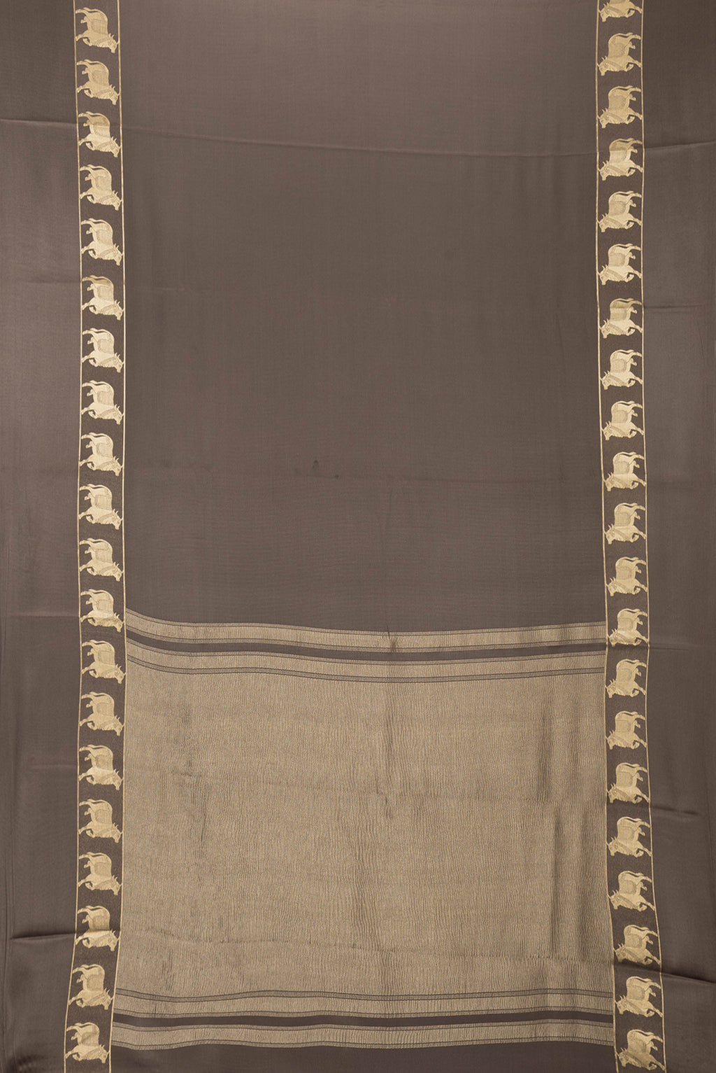 Flat view of Brown Dual Tone Mysore Silk Saree with Plain Body and Fancy Border. 
