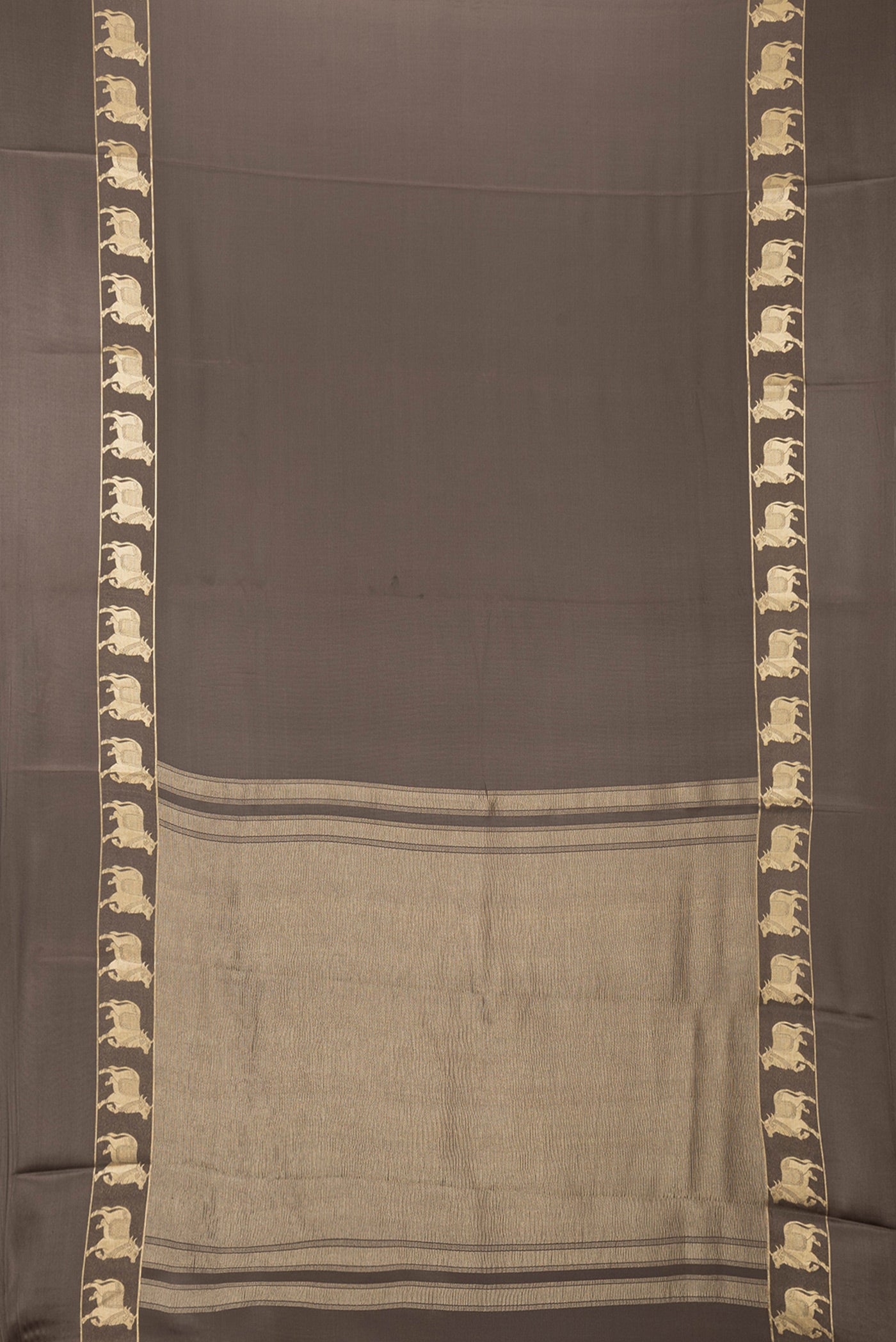 Flat view of Brown Dual Tone Mysore Silk Saree with Plain Body and Fancy Border. 