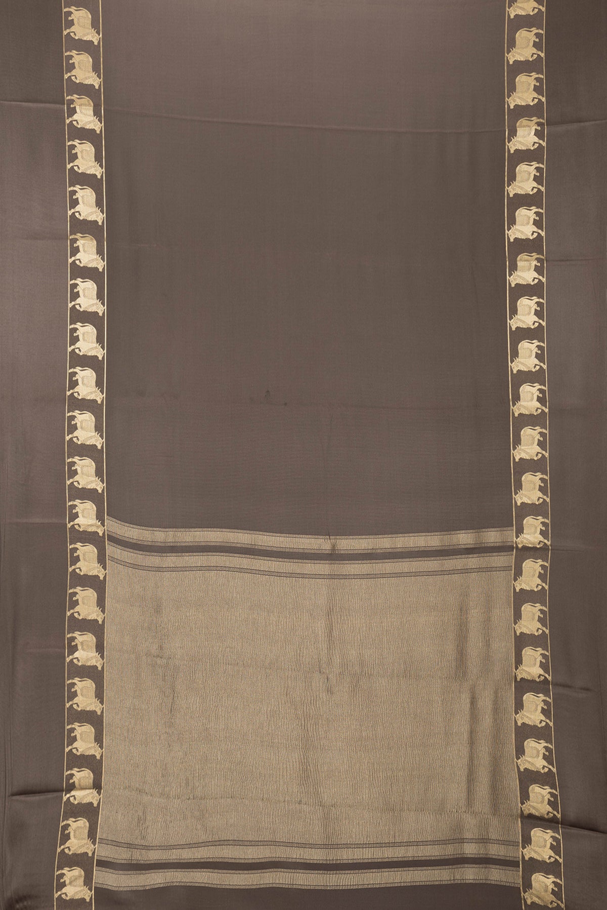 Flat view of Brown Dual Tone Mysore Silk Saree with Plain Body and Fancy Border. 