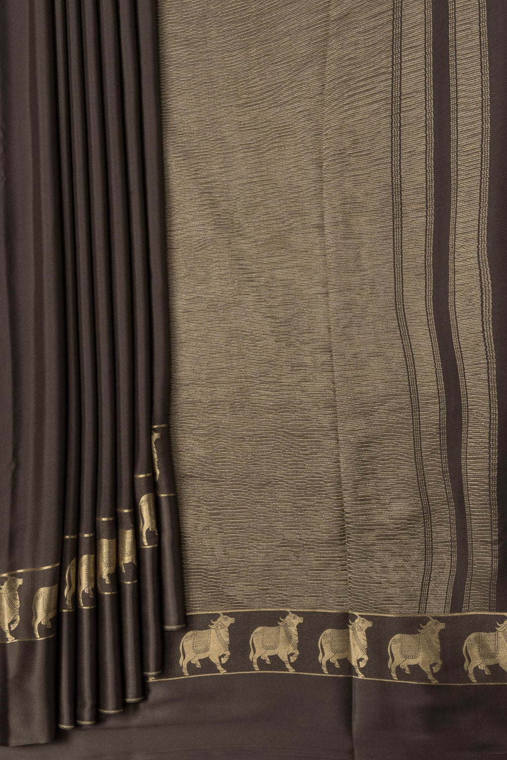 Pleats and pallu of Brown Dual Tone Mysore Silk Saree with Plain Body and Fancy Border. 