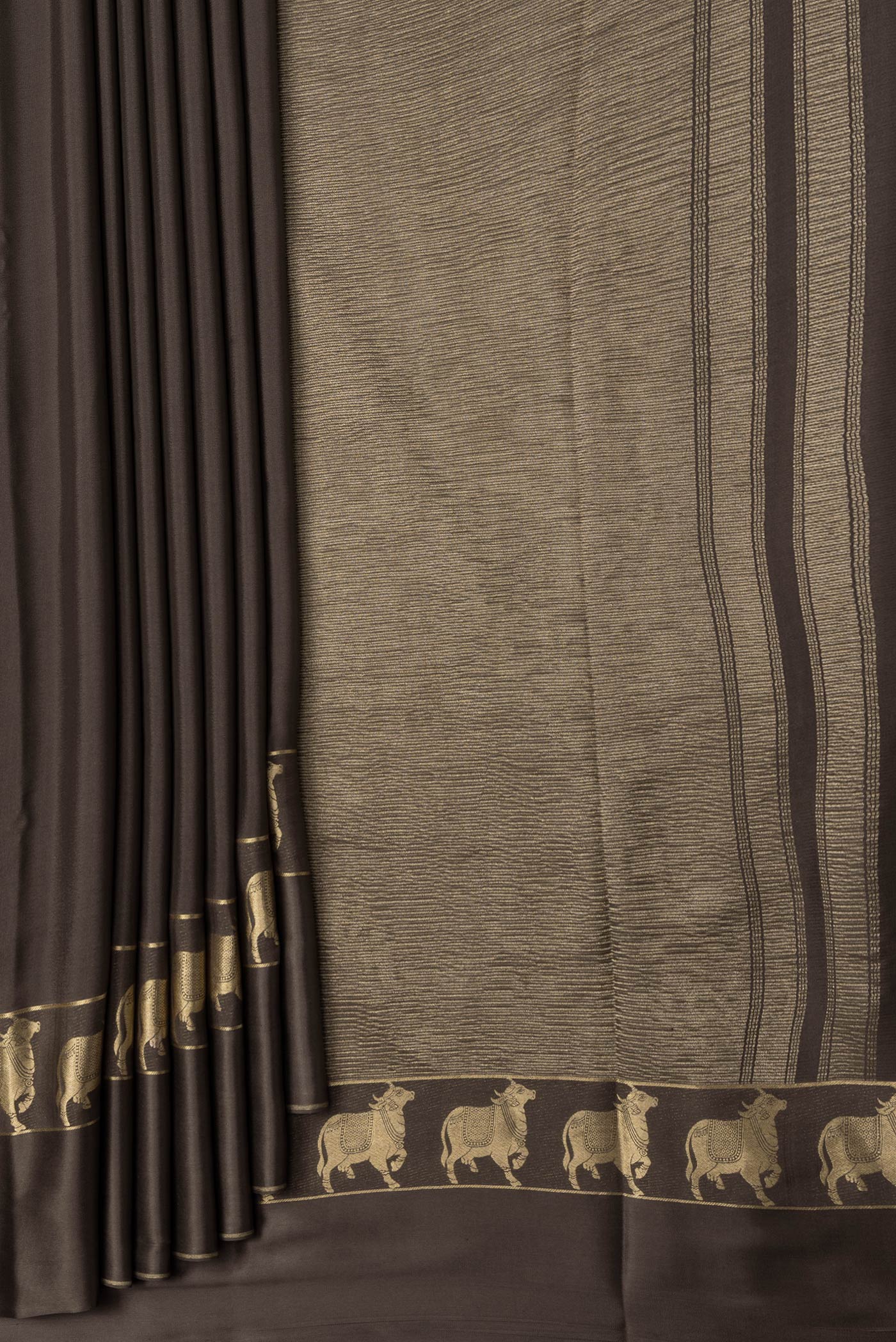 Pleats and pallu of Brown Dual Tone Mysore Silk Saree with Plain Body and Fancy Border. 