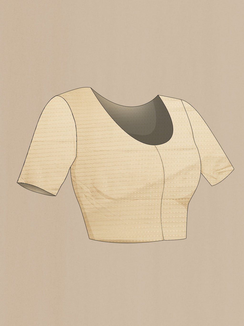 Close up image of the blouse of Beige Dual Tone Mysore Silk Saree with Plain Body and Fancy Border. 