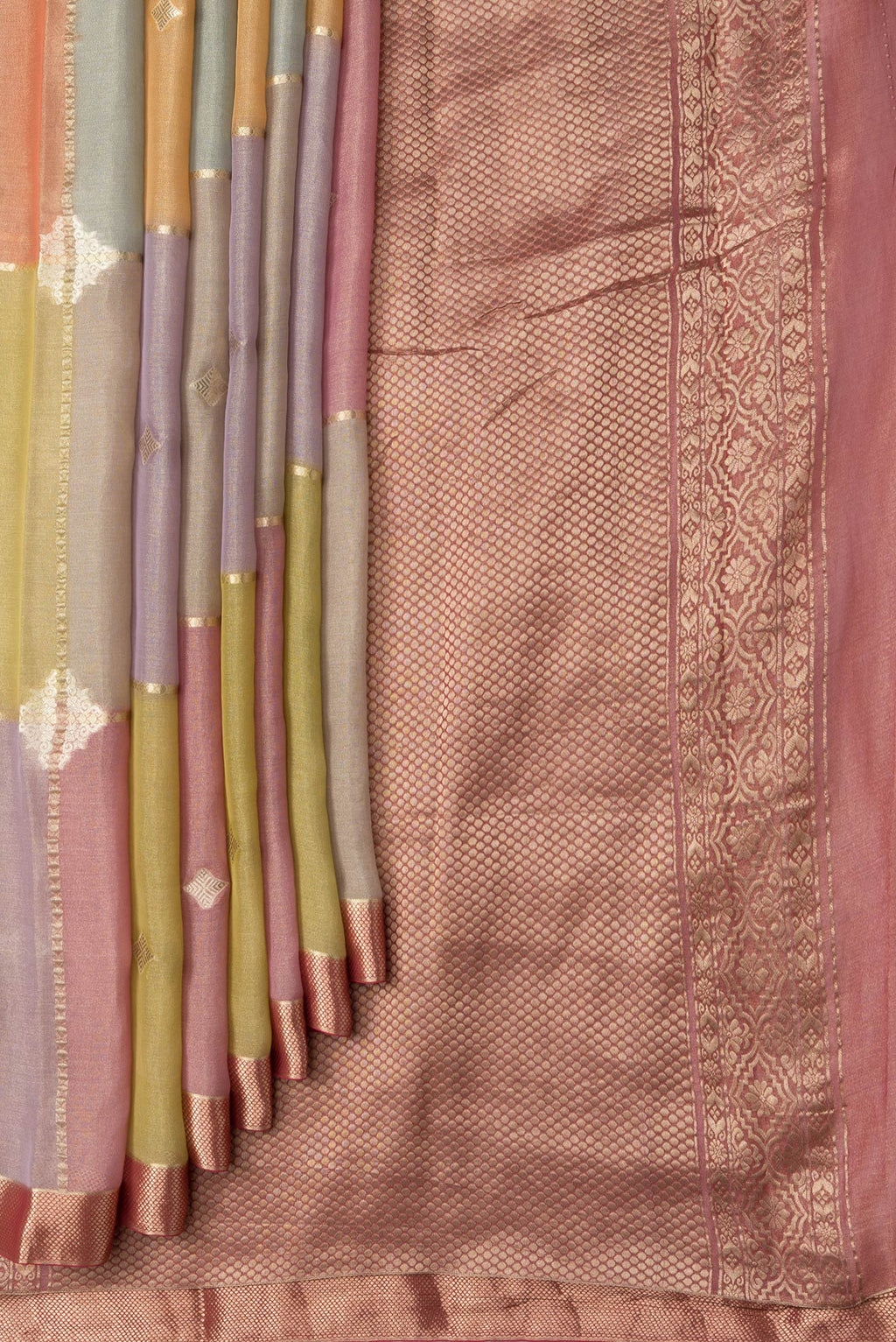 Pleats and pallu of Yellow, Pink and Lavender Color Georgette Saree with Zari Brocade on the body and Zari Border. 
