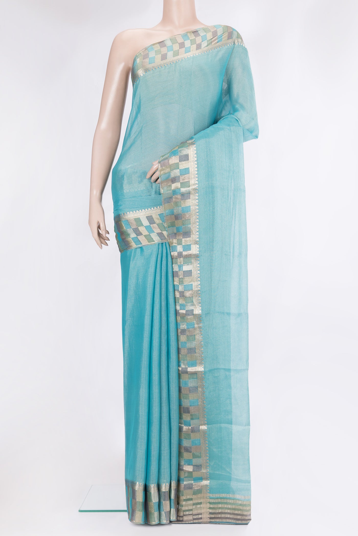 Sky Blue Mysore Georgette Saree with Plain Body and Fancy Border.  displayed on a mannequin