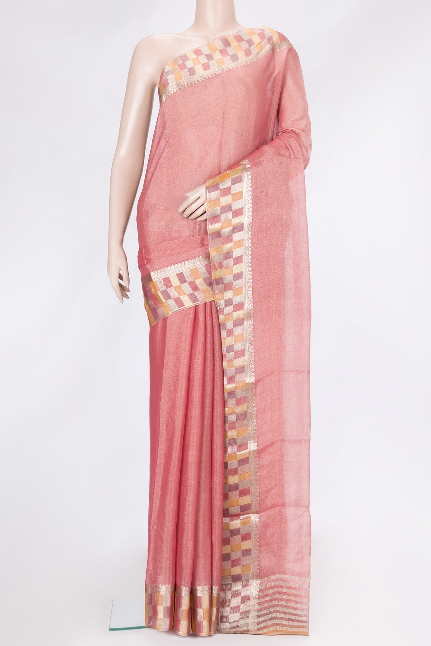 Pink Dual Tone Georgette Saree with Plain Body and Checks Border.  displayed on a mannequin