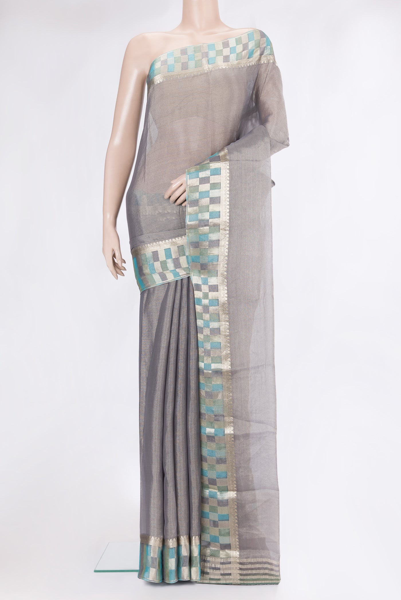 Grey Mysore Georgette Saree with Plain Body and Fancy Border.  displayed on a mannequin