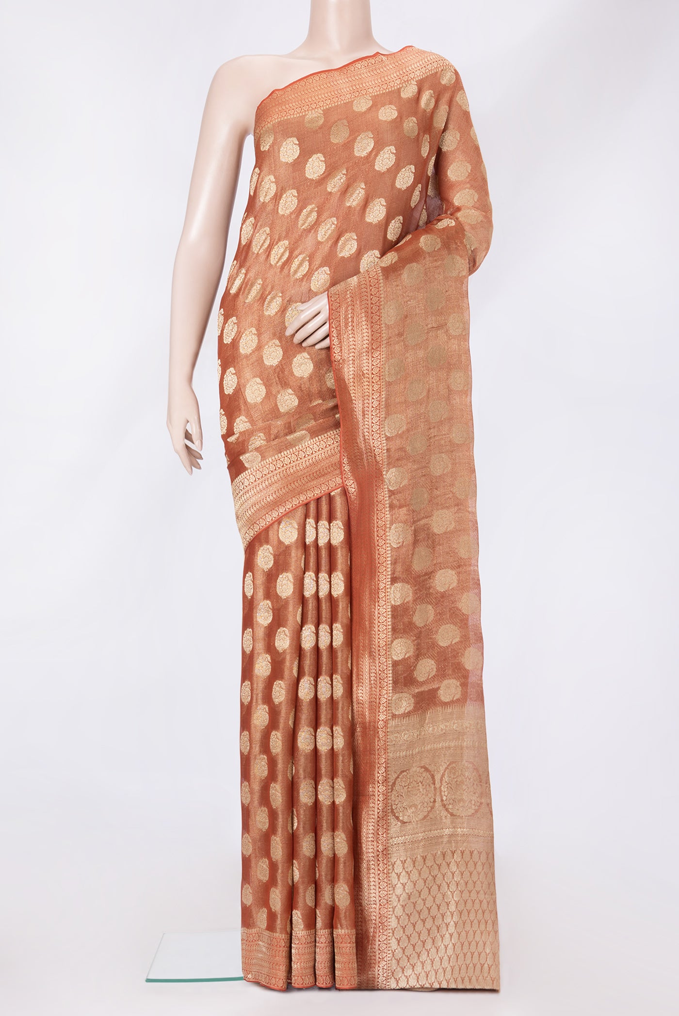 Brick Orange Dual Tone Mysore Georgette Saree with Zari Brocade on the body and Zari Border.  displayed on a mannequin