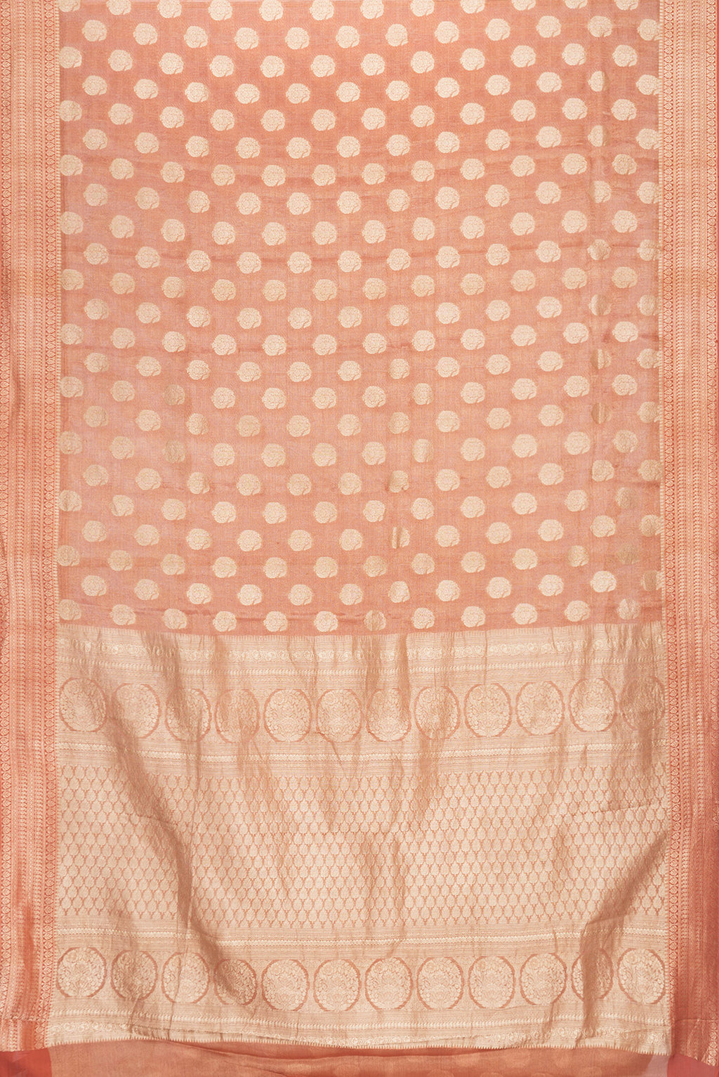 Flat view of Brick Orange Dual Tone Mysore Georgette Saree with Zari Brocade on the body and Zari Border. 